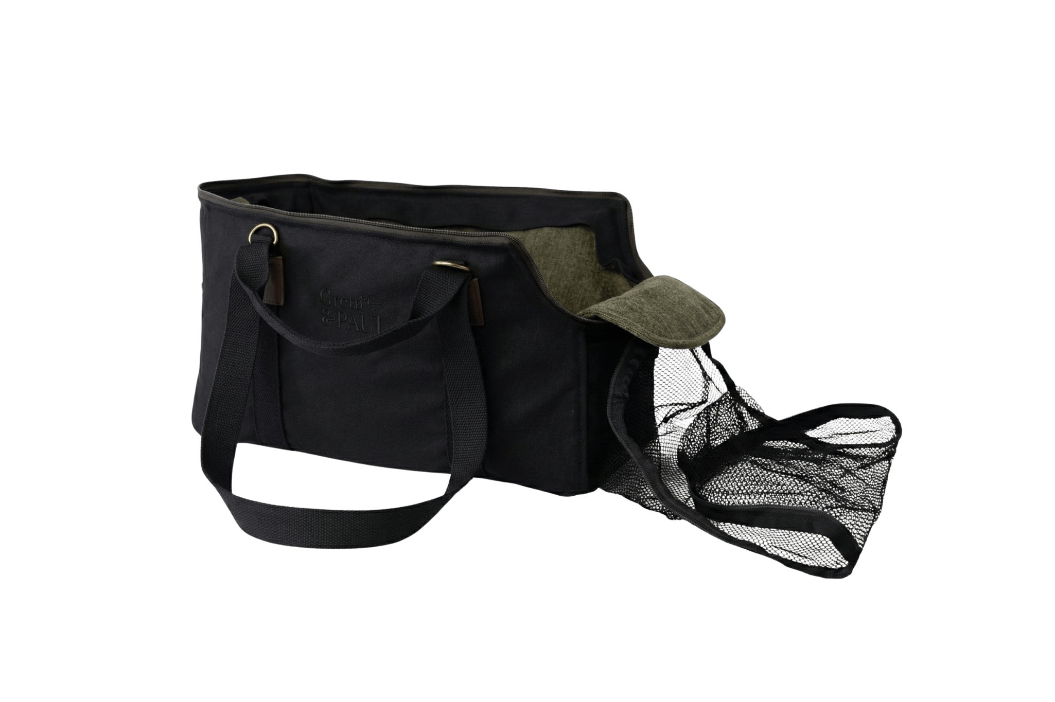 Gretas Premium Reise-Hundetasche „All Black“ mit olifgrünem Leinen-Inlay