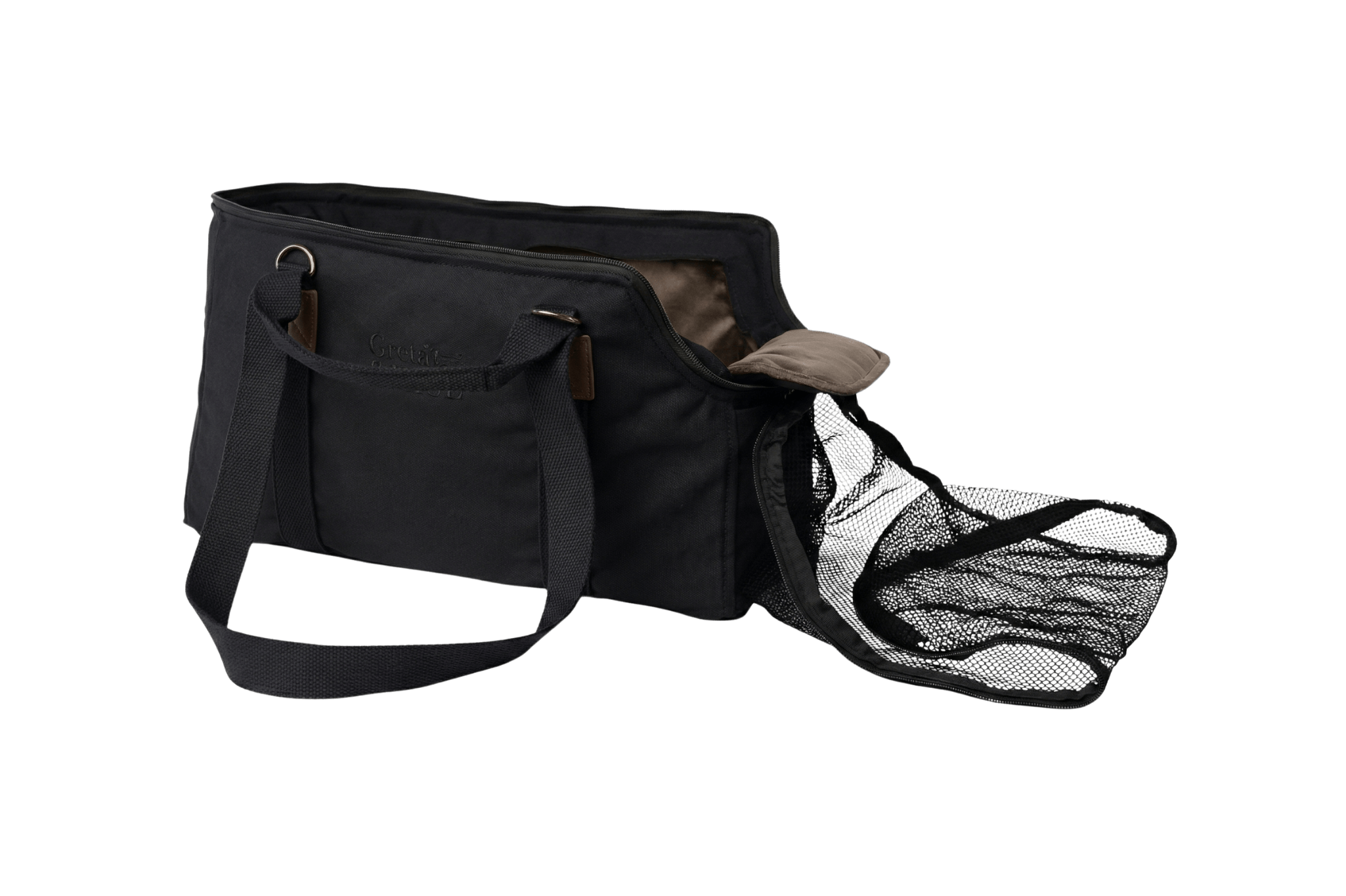 Gretas Premium Reise-Hundetasche „All Black“ mit anthrazitfarbenem Samt-Inlay