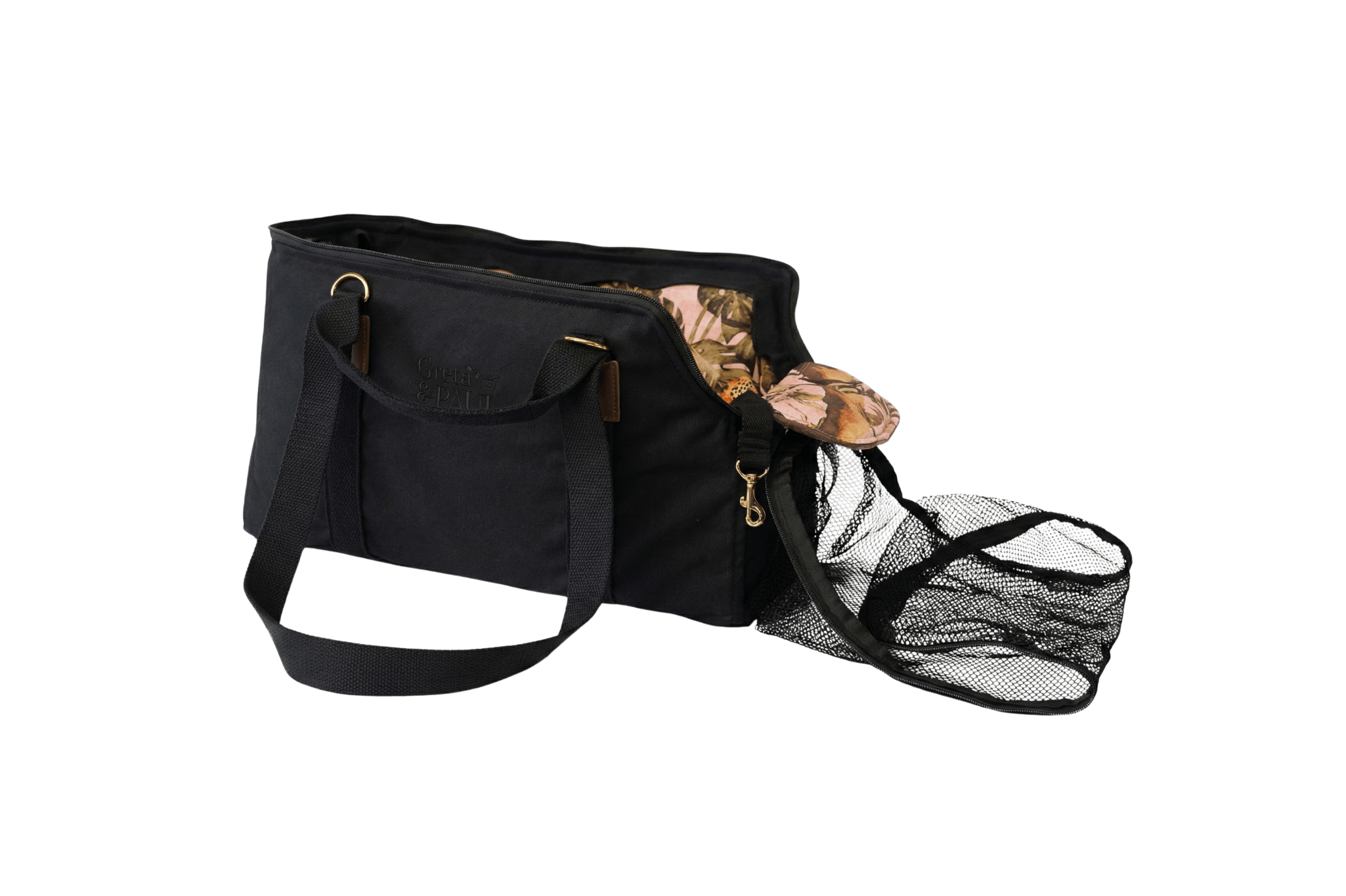Gretas Premium Reise-Hundetasche „All Black“ mit Pink-Leo-Wende-Inlay