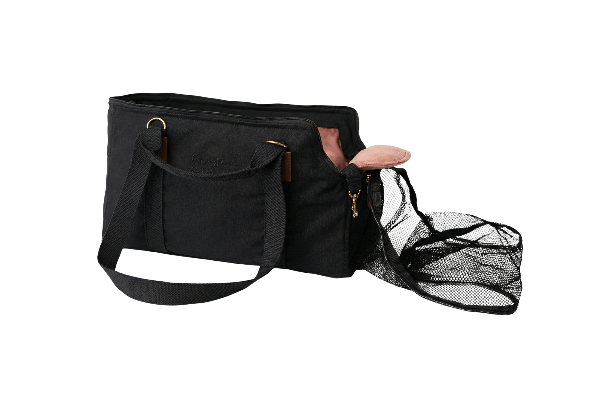 Gretas Premium Reise-Hundetasche „All Black“ mit rosafarbenem Samt-Inlay