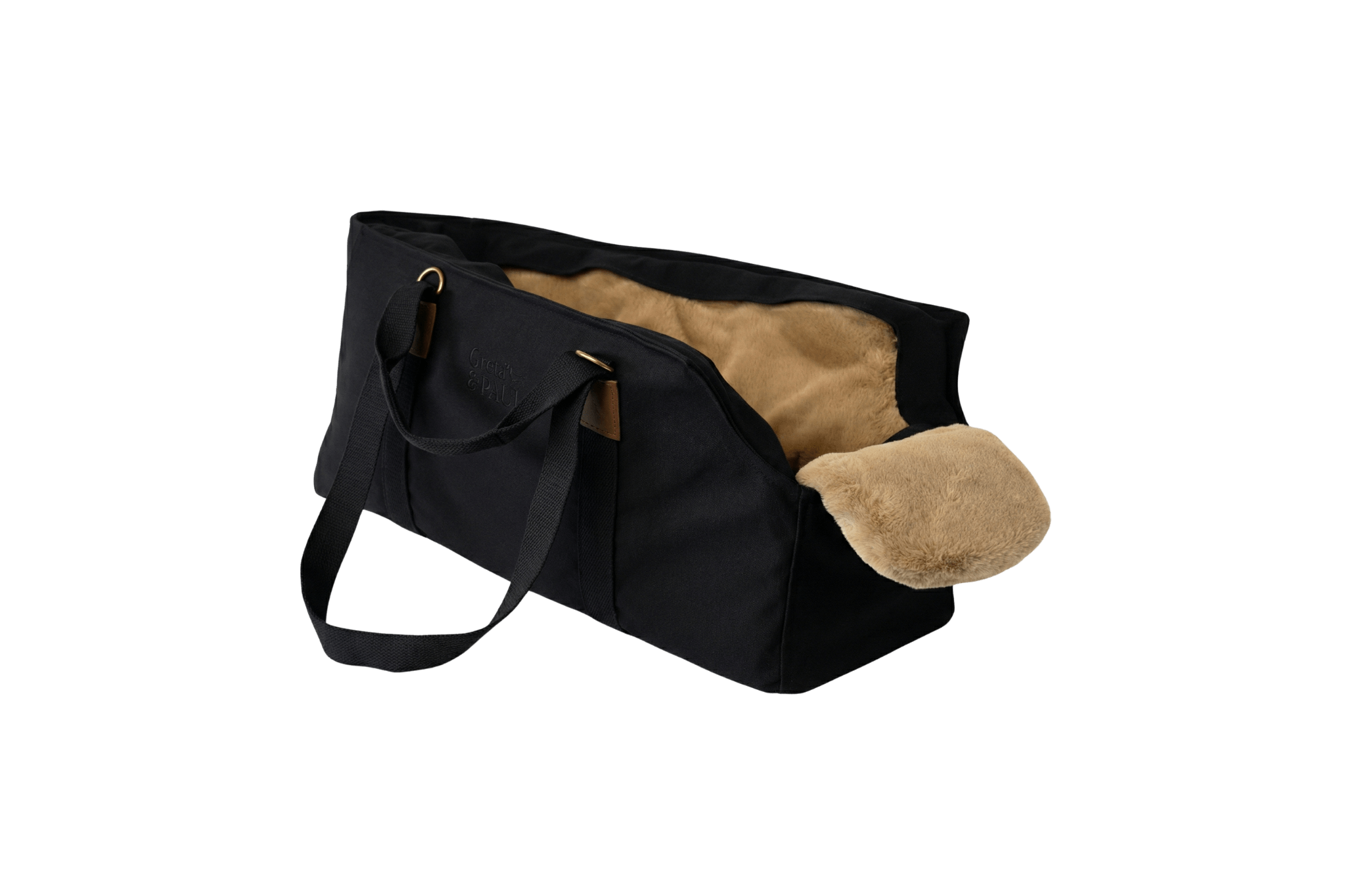 Gretas XL Premium Hundetasche „All Black“ mit Beige-Gold Flausch-Inlay