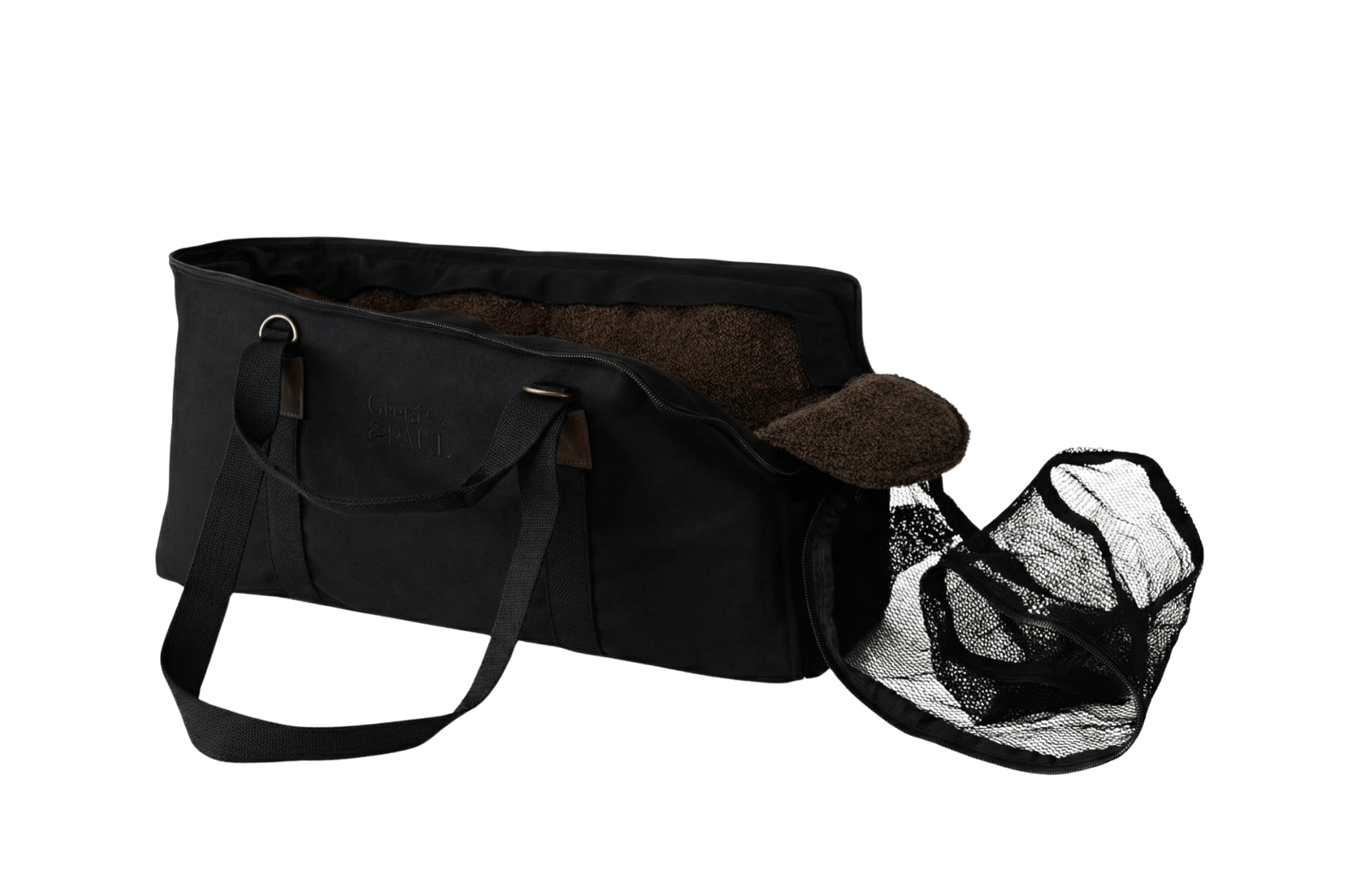 Gretas XL Premium Reise-Hundetasche „All Black“ mit braunfarbenem Boucle-Inlay