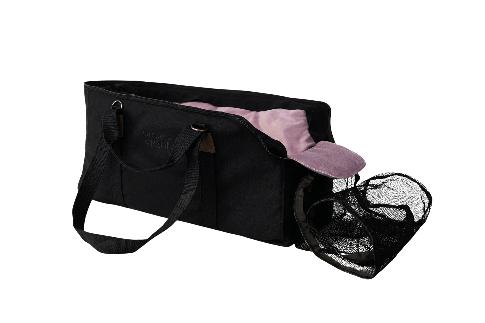 Gretas XL Premium Reise-Hundetasche „All Black“ mit fliederfarbenem Samt-Inlay