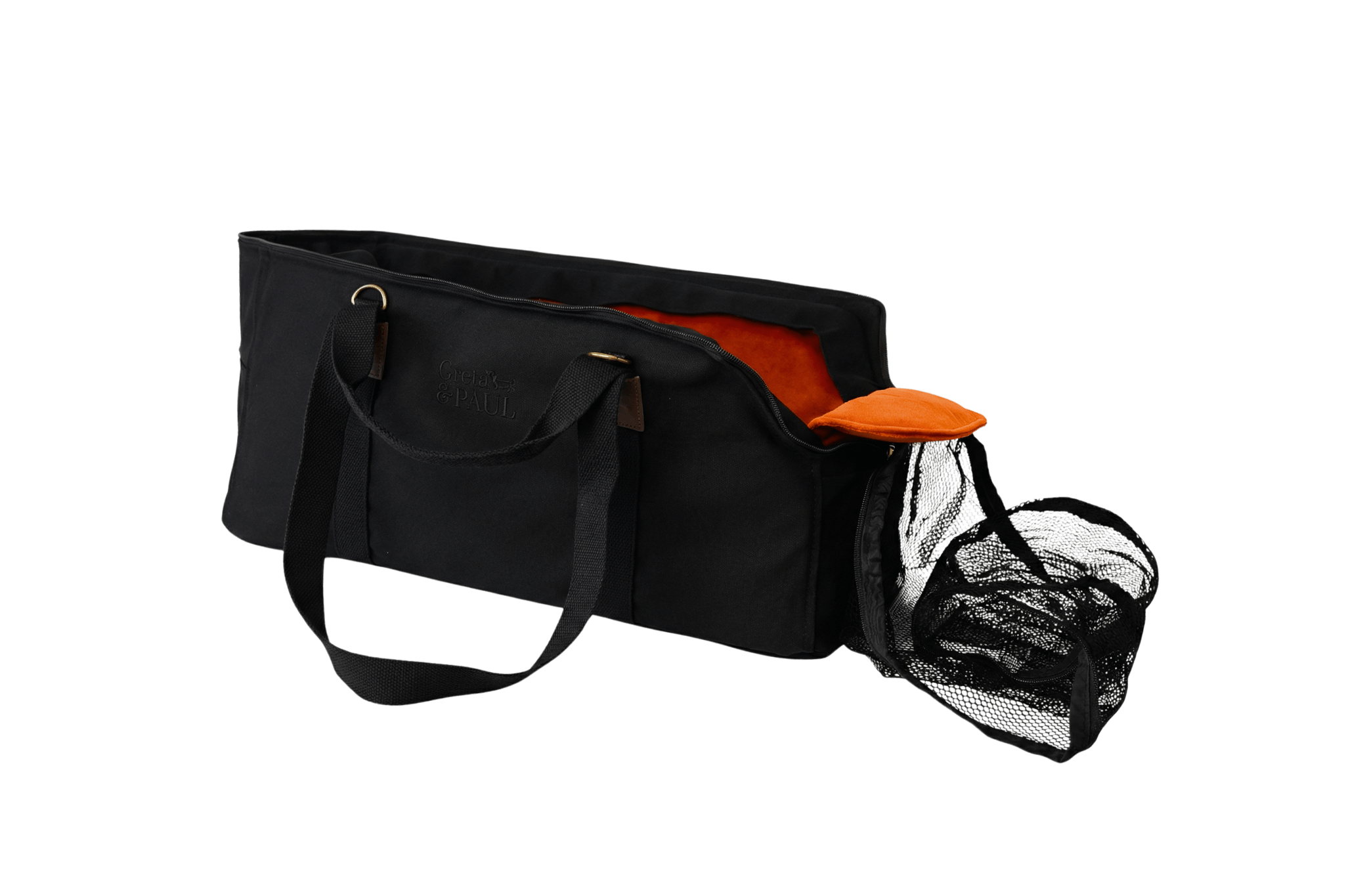 Gretas XL Premium Reise-Hundetasche „All Black“ mit orangefarbenem Samt-Inlay