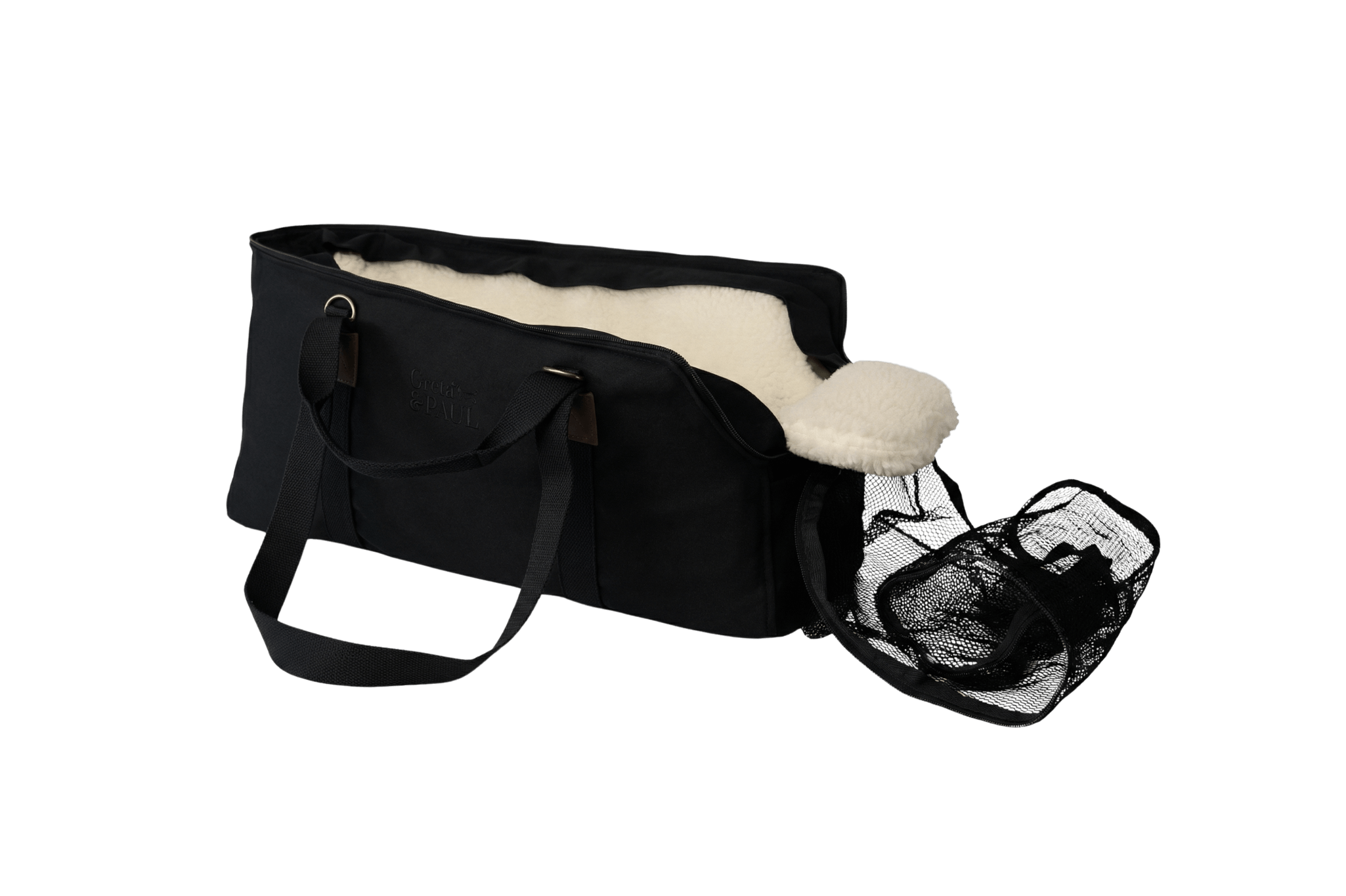 Gretas XL Premium Reise-Hundetasche „All Black“ mit Teddyfell-Inlay