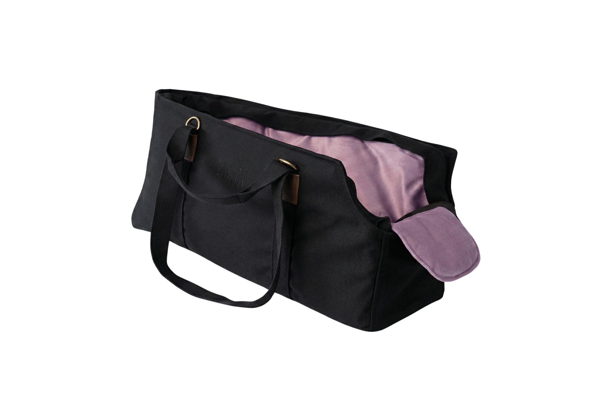 Gretas XL Premium Hundetasche „All Black“ mit fliederfarbenem Samt-Inlay