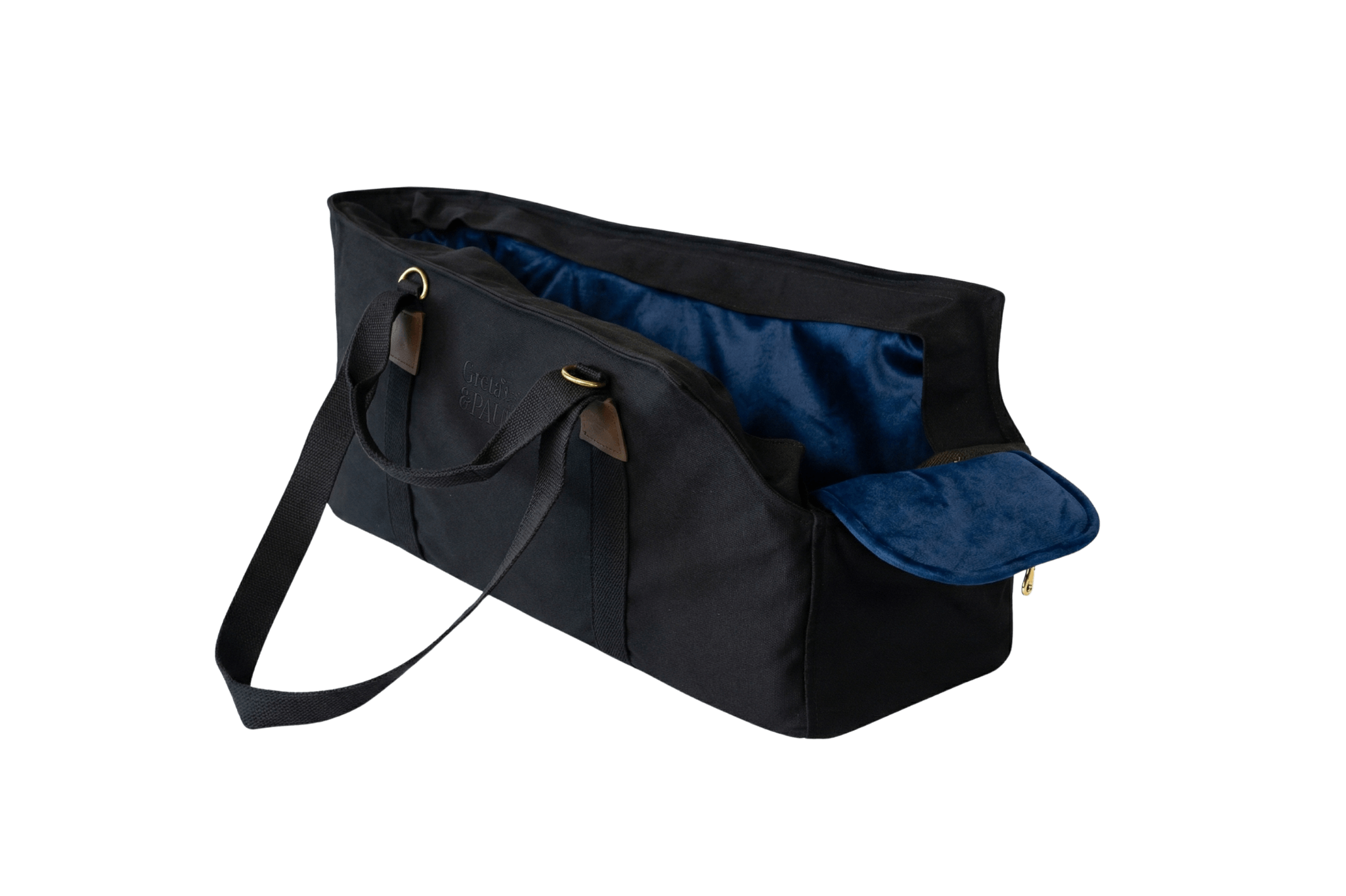 Gretas XL Premium Hundetasche „All Black“ mit königsblauem Samt-Inlay