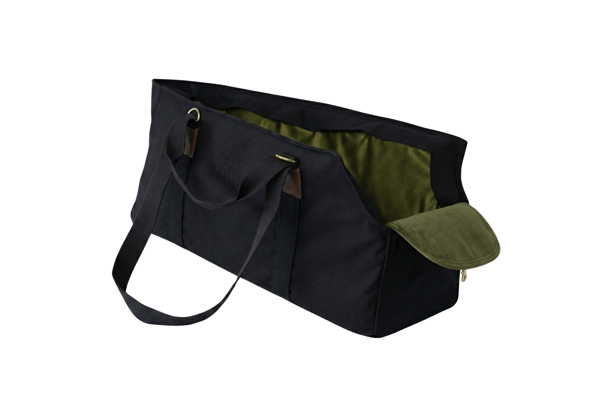 Gretas XL Premium Hundetasche „All Black“ mit olivgrünem Samt-Inlay