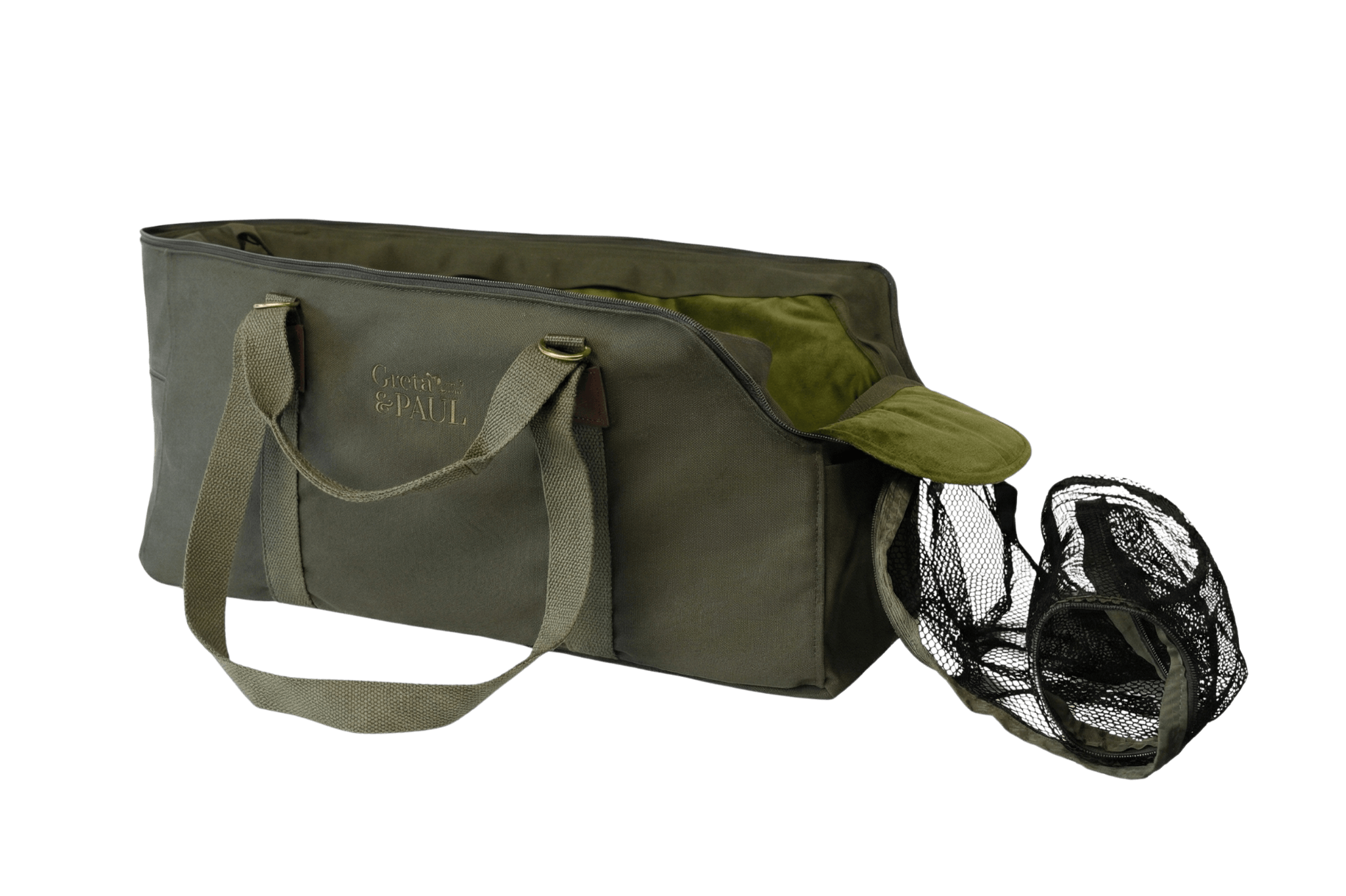Greta's XL Hundetasche in Khaki mit olivgrünem Leinen-Inlay und offenem Netz