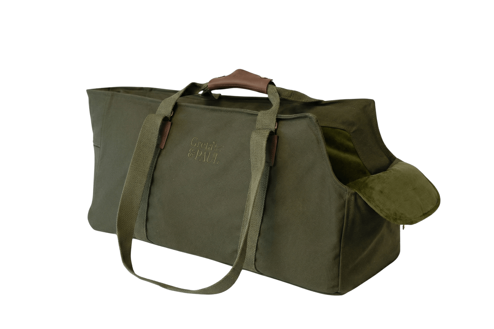 Gretas Premium XL Hundetasche in Khaki mit luxuriösem olivgrünem Samt-Inlay, freigestellt, Vorderansicht – ideal für stilvolles und komfortables Tragen von Hunden ab 9 kg.