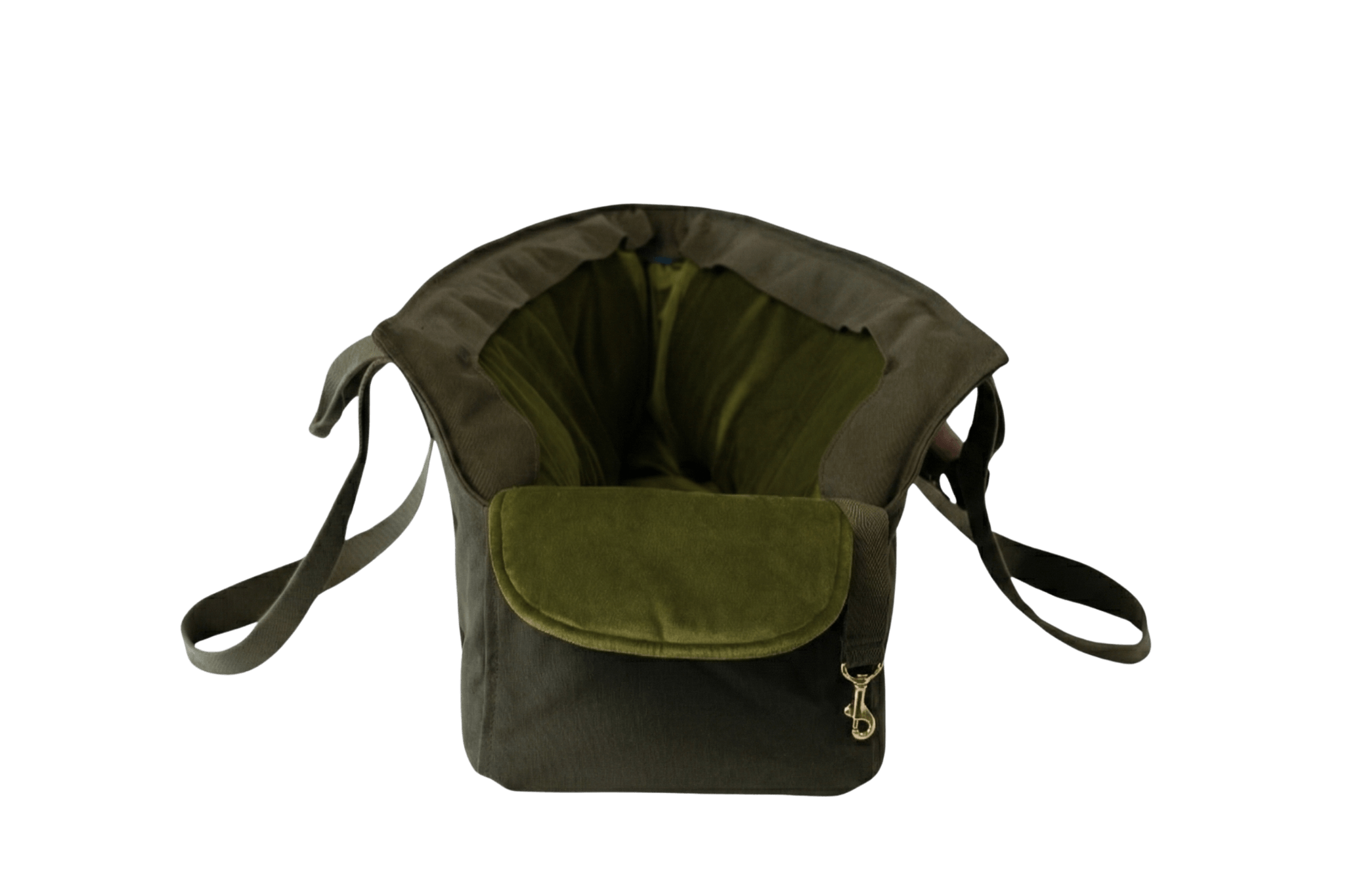Gretas Premium XL Hundetasche in Khaki mit olivgrünem Samt-Inlay - Vorderansicht