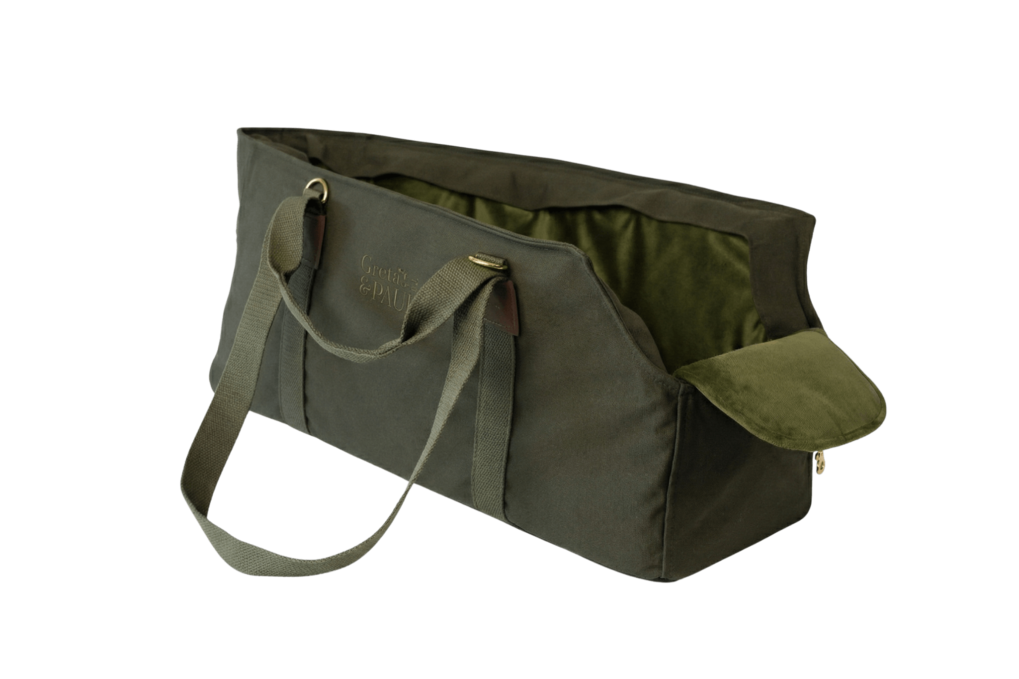 Gretas Premium XL Hundetasche in Khaki mit luxuriösem olivgrünem Samt-Inlay – ideal für stilvolles und komfortables Tragen von Hunden ab 9 kg
