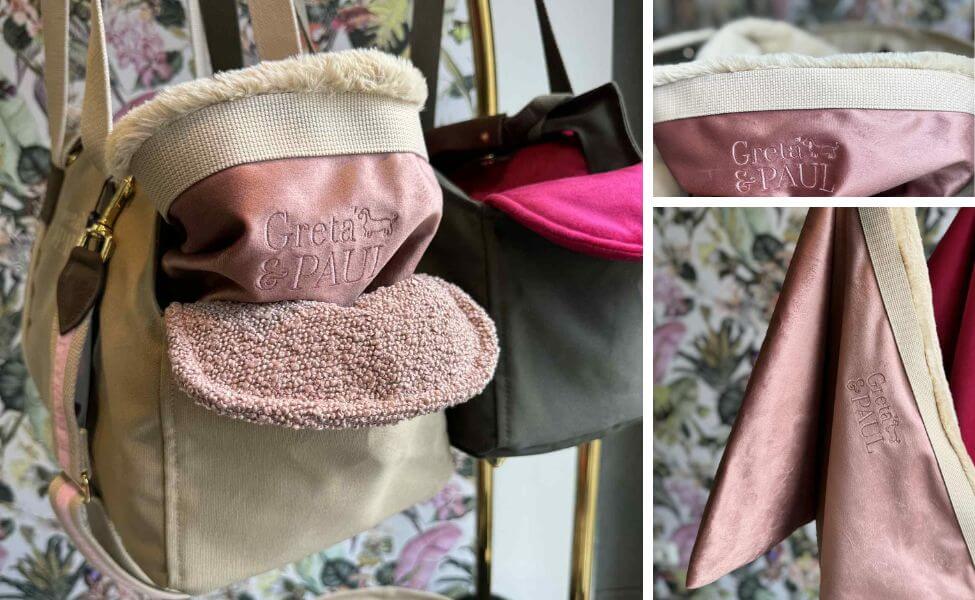 Bildcollage der Hundetragetasche 'Flausch-Säckchen' in der Farbe Rosa-Hellbeige. Zeigt das weiche Futter und die Logo-Stickerei.