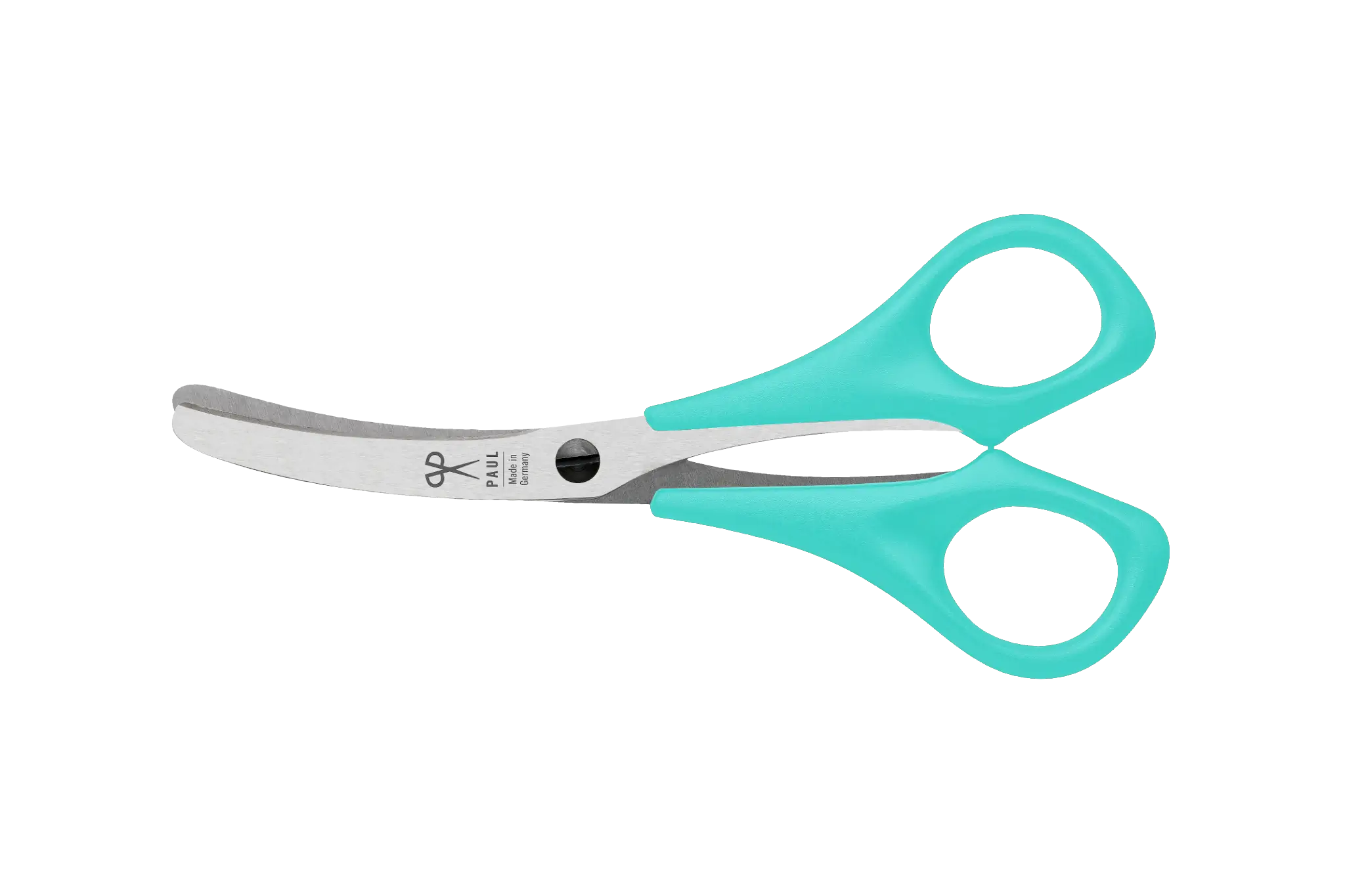 Gretas Premium Hundeschere in Türkis mit gebogenen Edelstahlklingen für eine sichere und präzise Fellpflege.