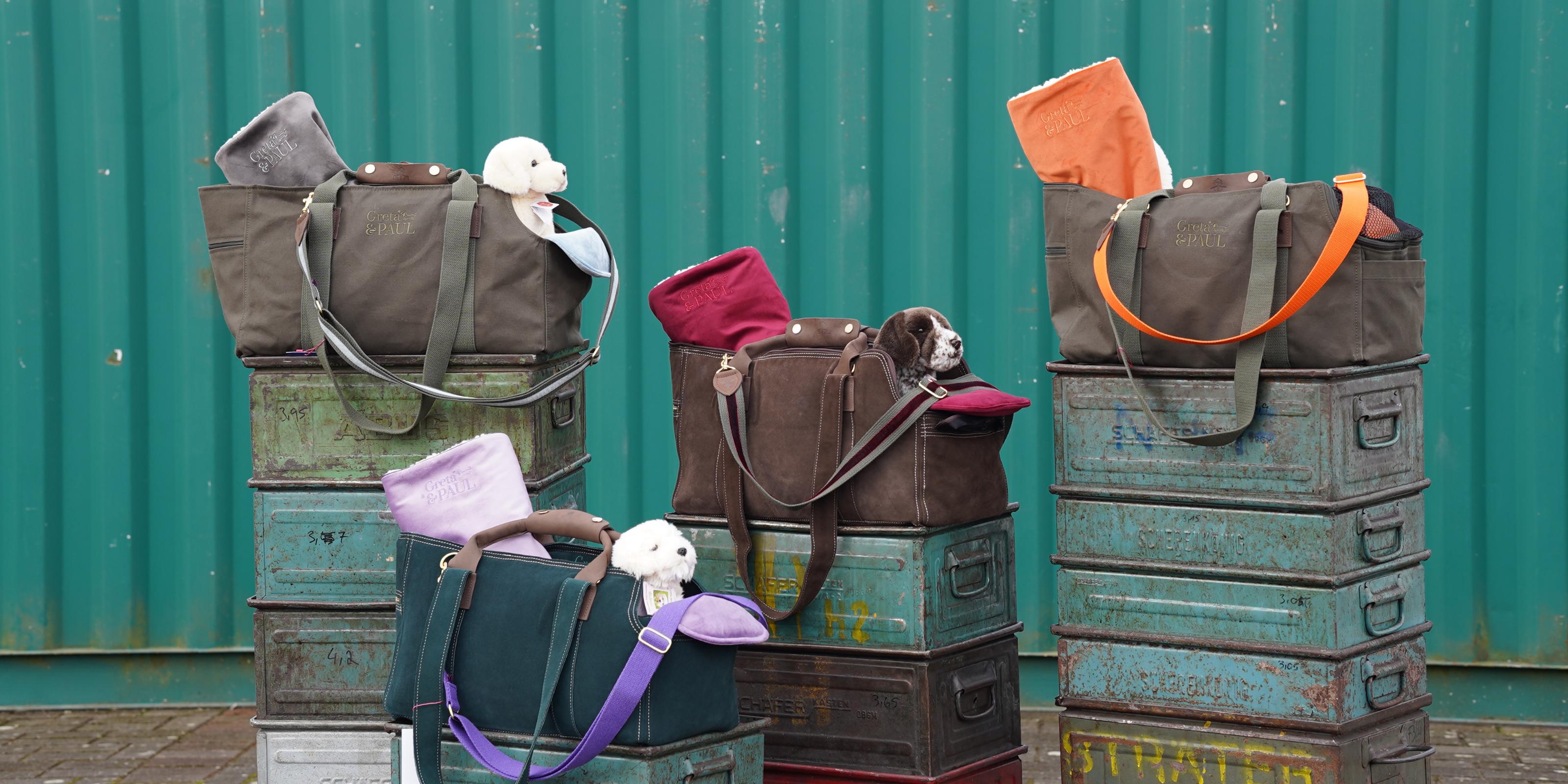 Kategoriebild für Accessoires: Eine Auswahl an GRETA & PAUL Hundetaschen und Zubehör, stilvoll im urbanen Look präsentiert.