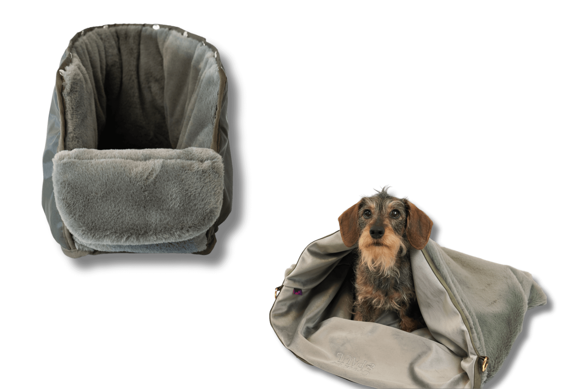 Kuschel-Set in grau-grün-silber: Dackeldame Greta im Kuschel-Wende-Säckchen, daneben das passende Inlay für die Hundetasche.