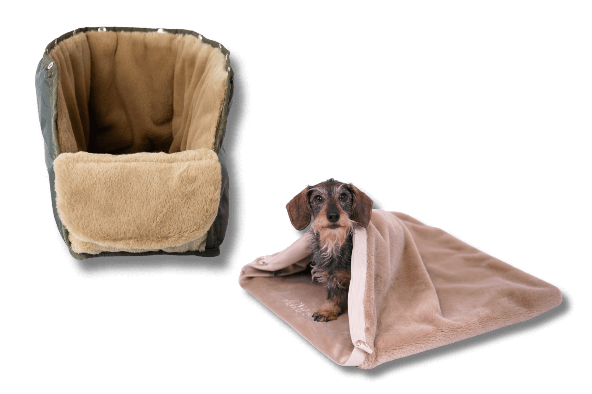 Kuschel-Set in beige-gold: Dackeldame Greta im Kuschel-Wende-Säckchen, daneben das passende Inlay für die Hundetasche.