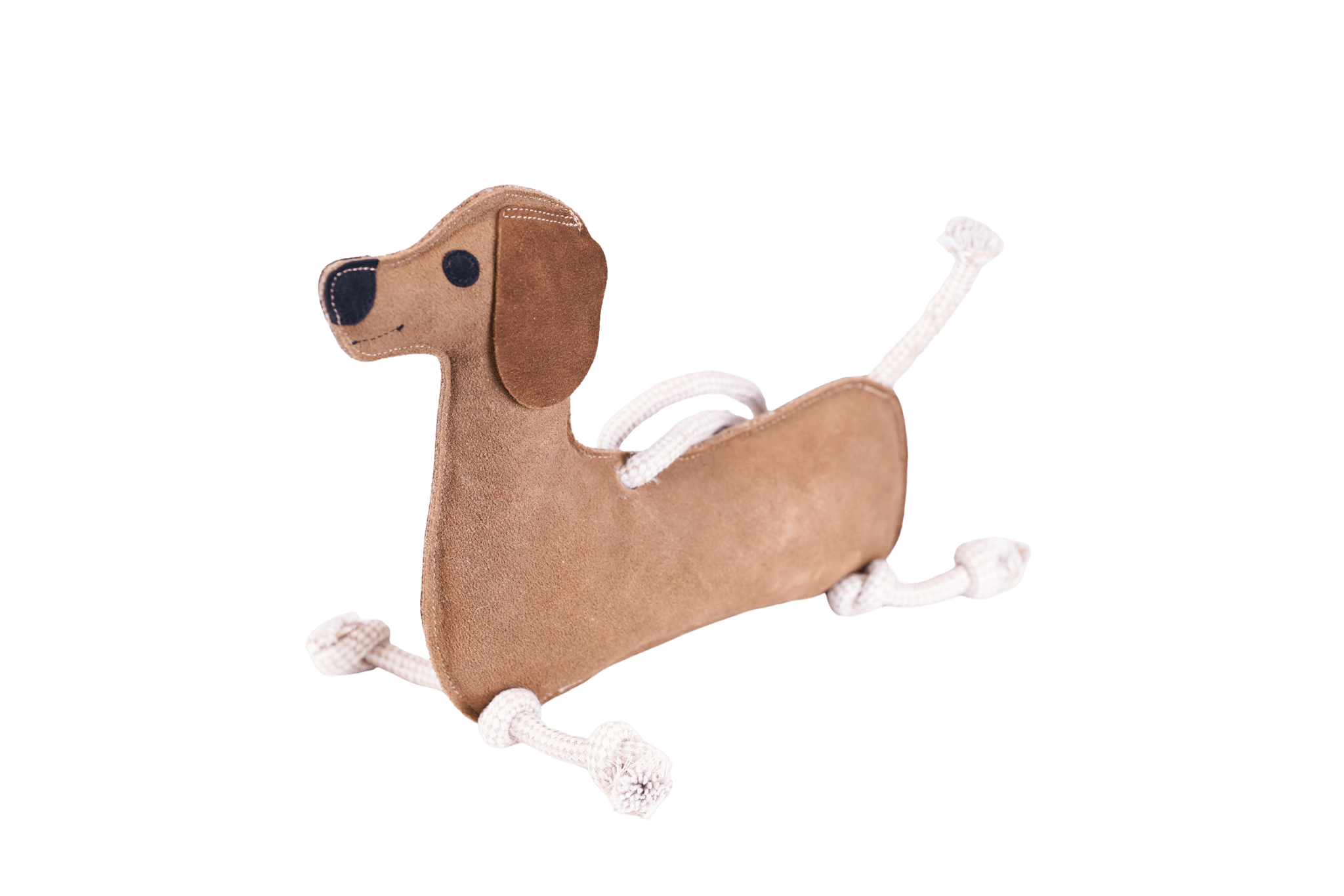 Handgefertigter Leder-Spielzeugdackel 'Paule' mit geknoteten Tau-Beinen und -Schwanz.