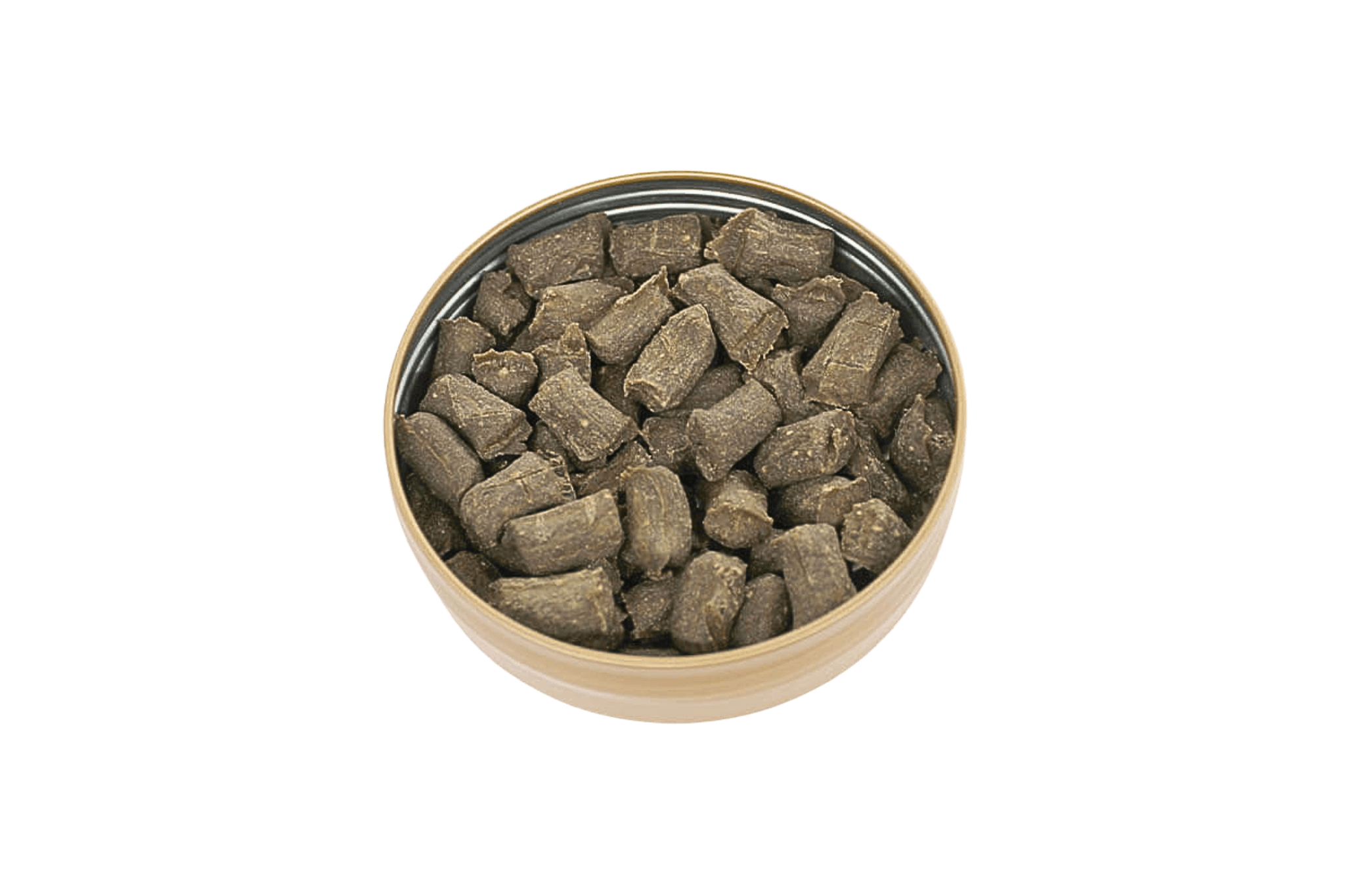 Geöffnete Dose der LILA LOVES IT Rindfleisch-Goodies, gefüllt mit den würfelförmigen, luftgetrockneten Hundeleckerli.