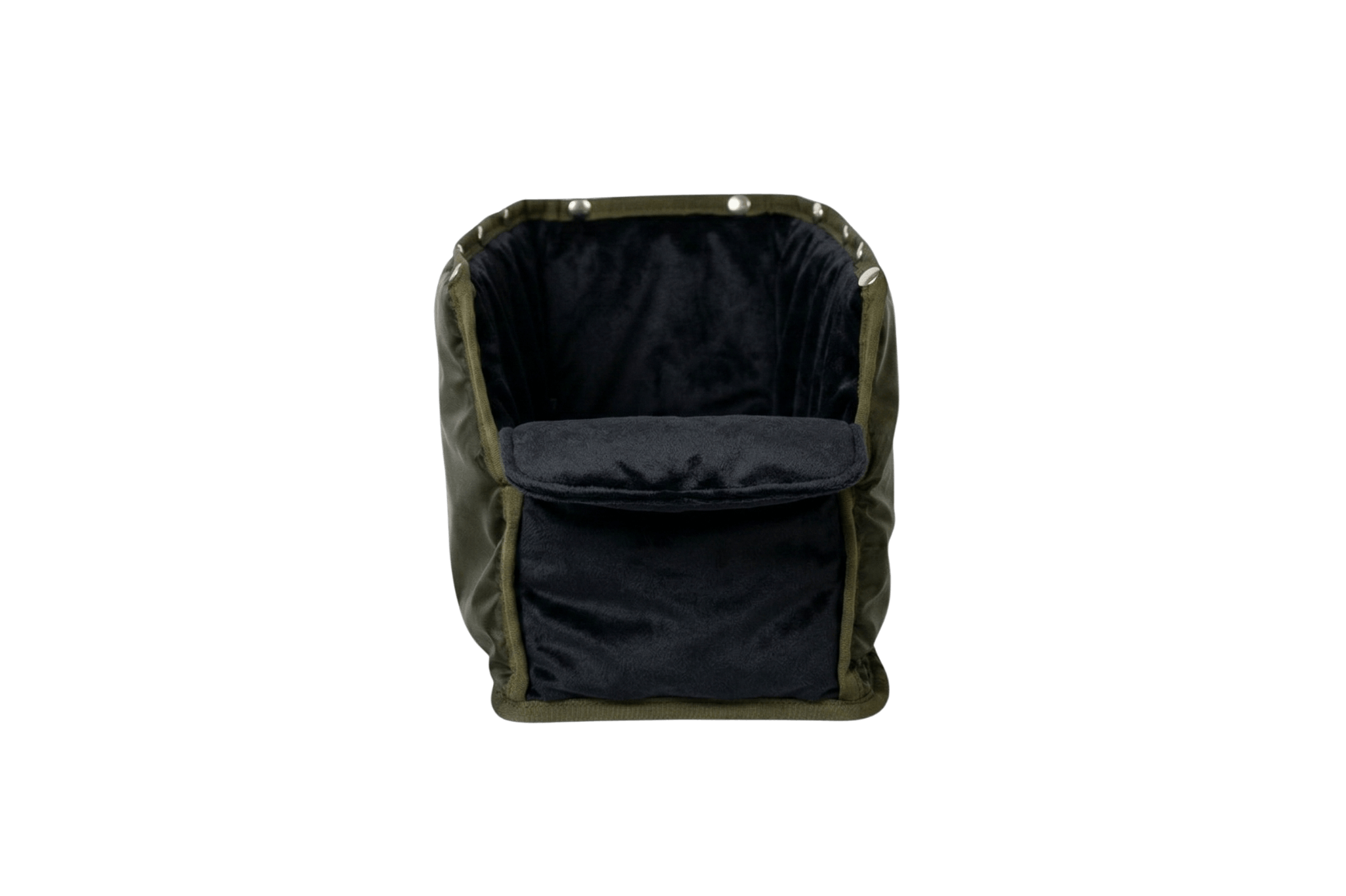 Samt-Inlay für Greta's Hundetasche in Schwarz, handgefertigt, ausknöpfbar, waschbar und pflegeleicht – Frontansicht