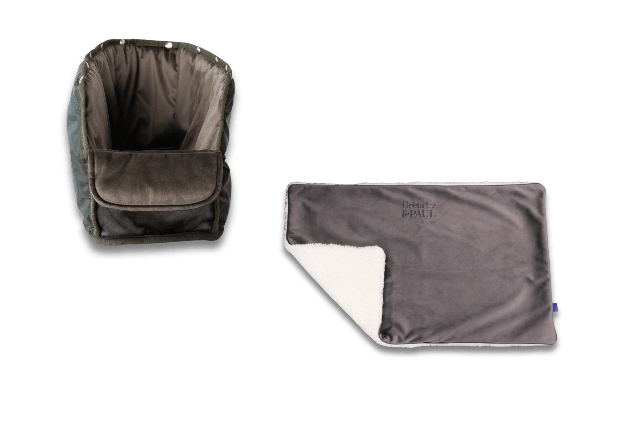 Handgefertigte Greta & PAUL anthrazitfarbene Samt-Flausch Hundedecke mit anthrazitfarbenem Samt-Inlay