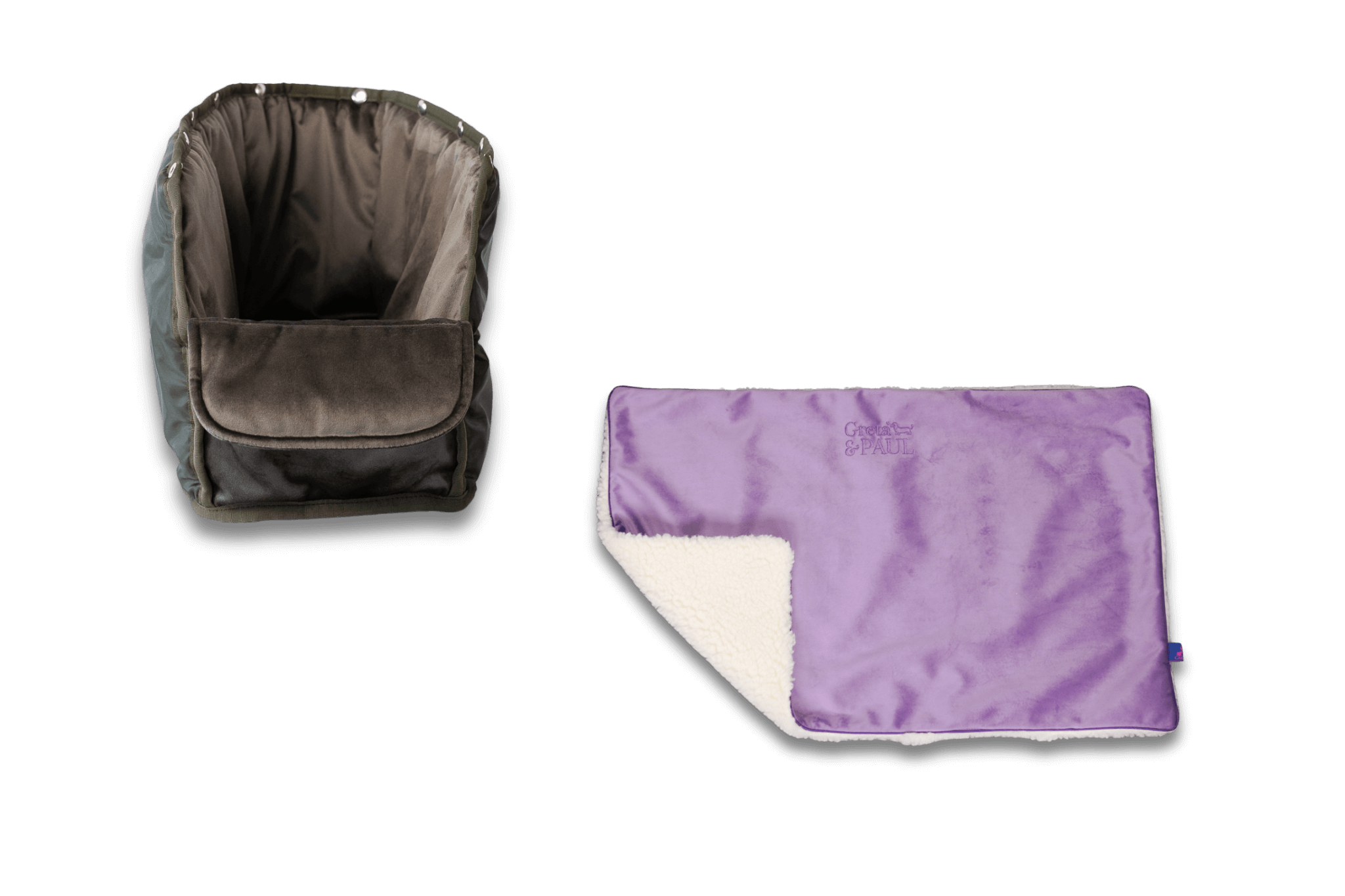 Handgefertigte Greta & PAUL fliederfarbene Samt-Flausch Hundedecke mit anthrazitfarbenem Samt-Inlay