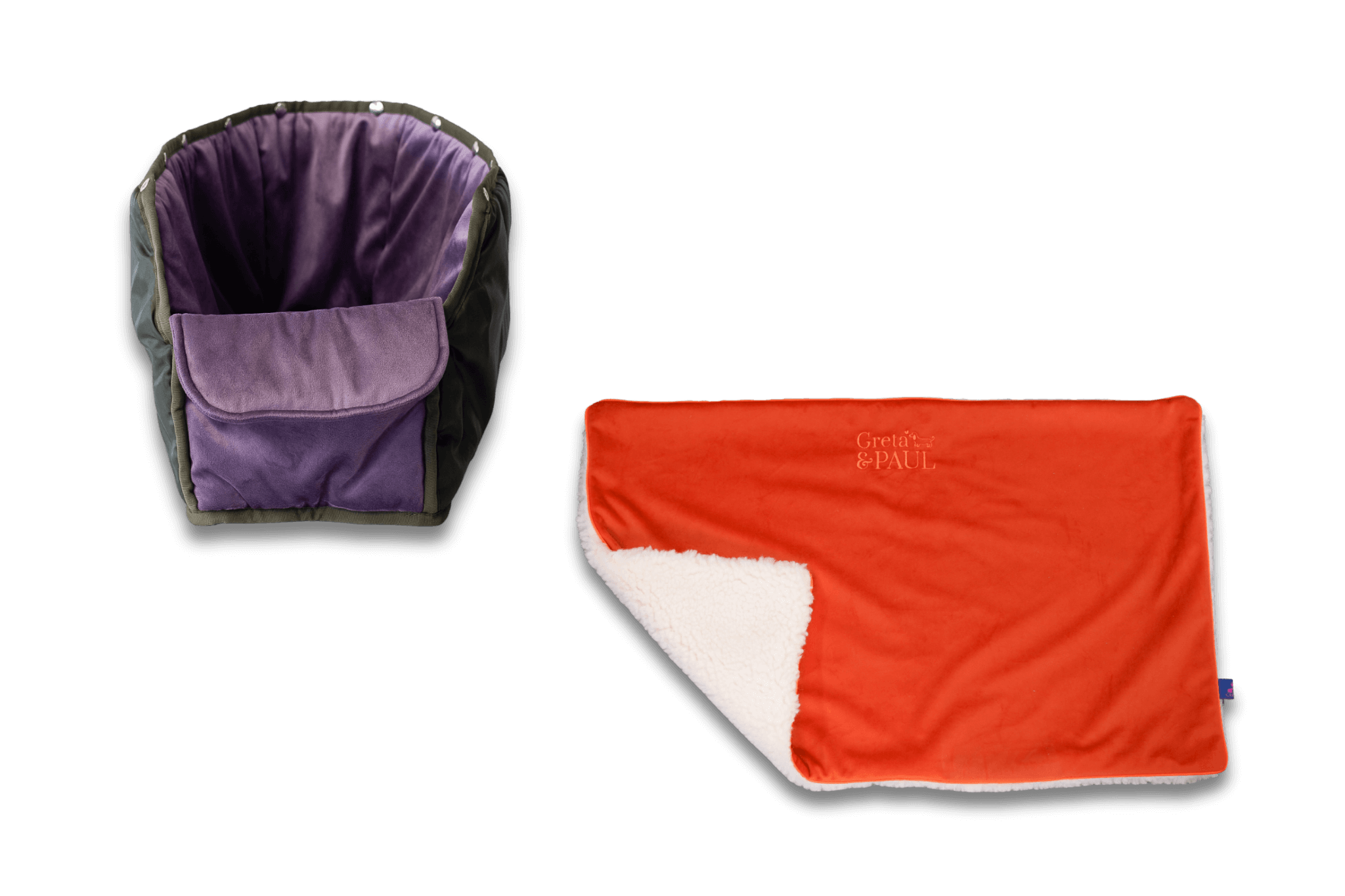 Handgefertigte Greta & PAUL orangefarbene Samt-Flausch Hundedecke mit fliederfarbenem Samt-Inlay