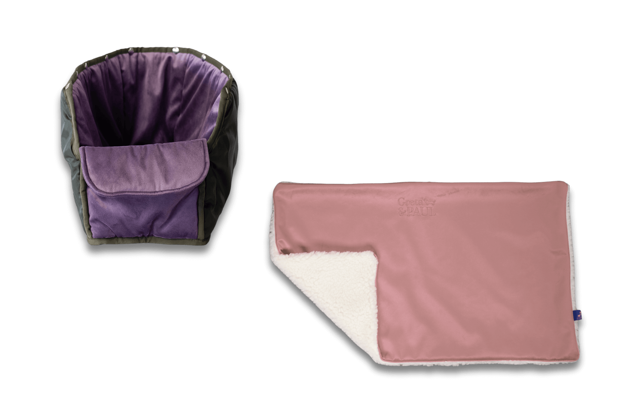 Handgefertigte Greta & PAUL rosafarbene Samt-Flausch Hundedecke mit fliederfarbenem Samt-Inlay