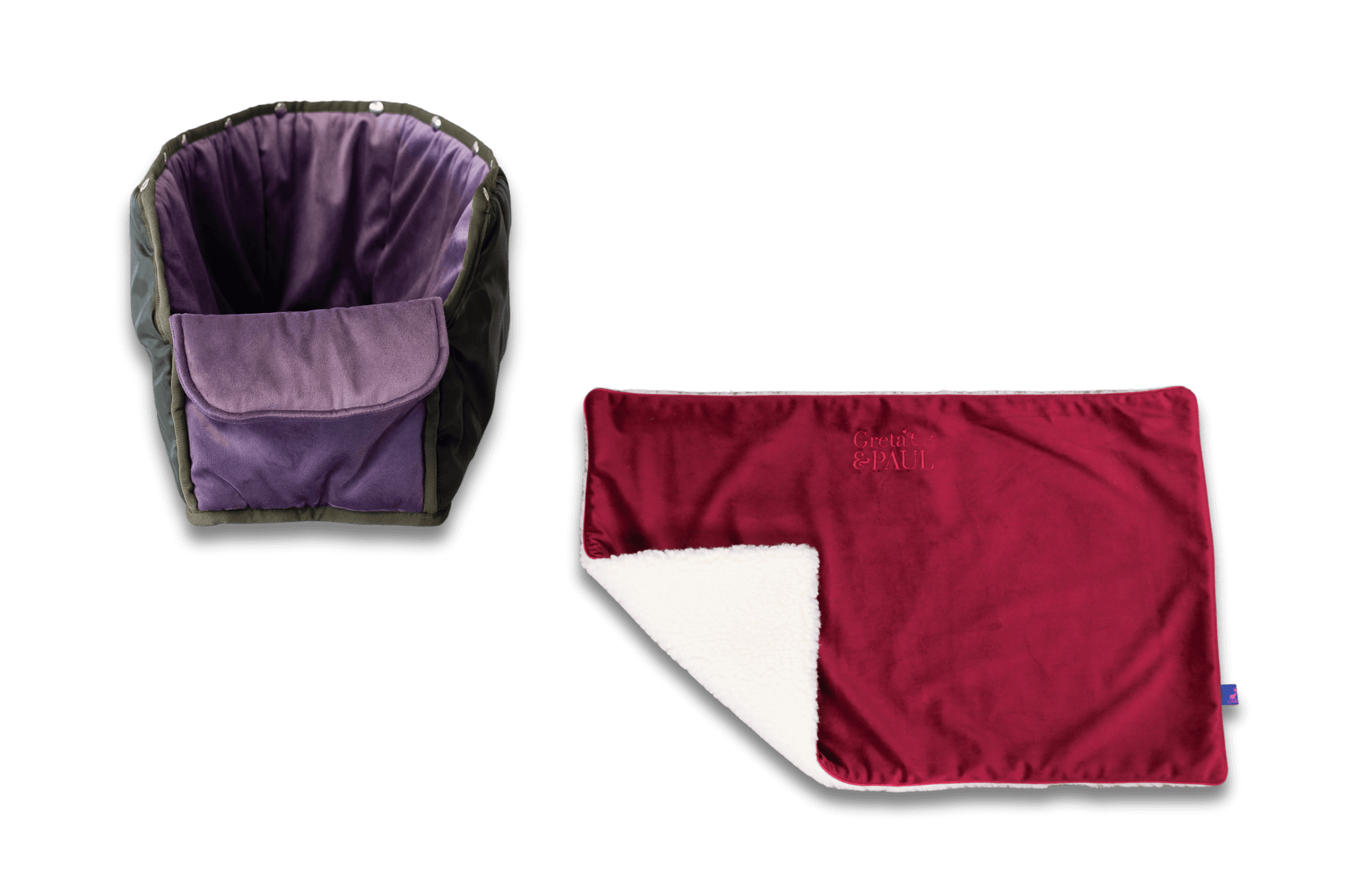 Handgefertigte Greta & PAUL very-berry farbene Samt-Flausch Hundedecke mit fliederfarbenem Samt-Inlay