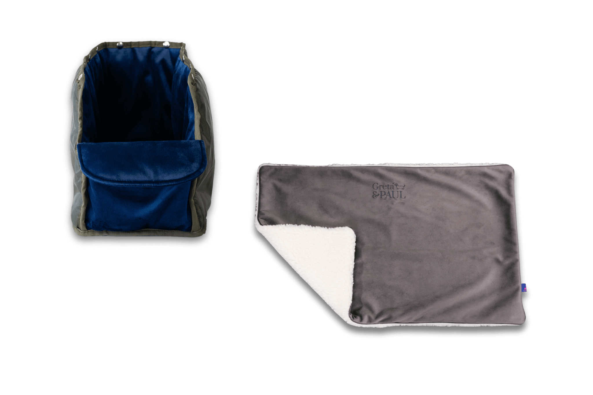 Handgefertigte Greta & PAUL anthrazitfarbene Samt-Flausch Hundedecke mit königsblauem Samt-Inlay