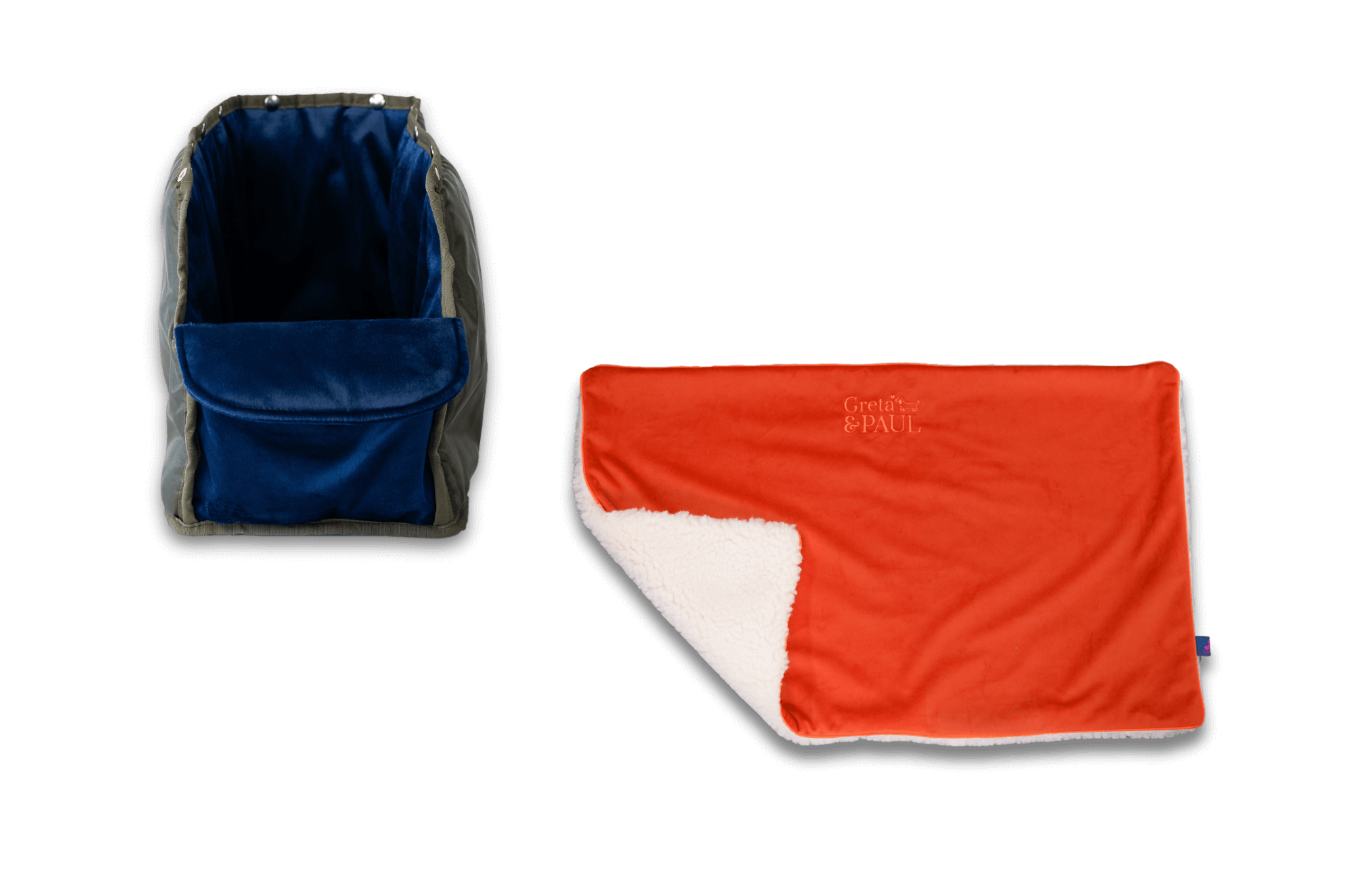 Handgefertigte Greta & PAUL orangefarbene Samt-Flausch Hundedecke mit königsblauem Samt-Inlay