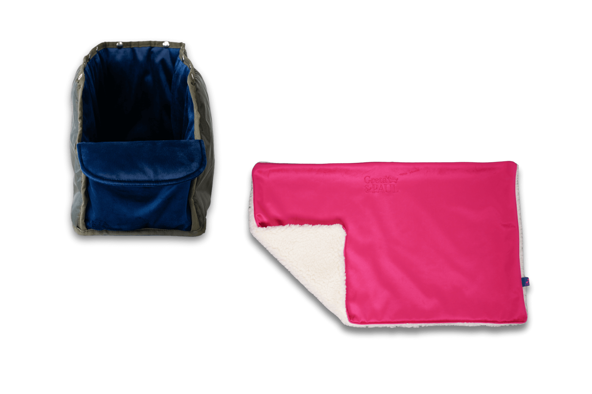 Handgefertigte Greta & PAUL pinke Samt-Flausch Hundedecke mit königsblauem Samt-Inlay