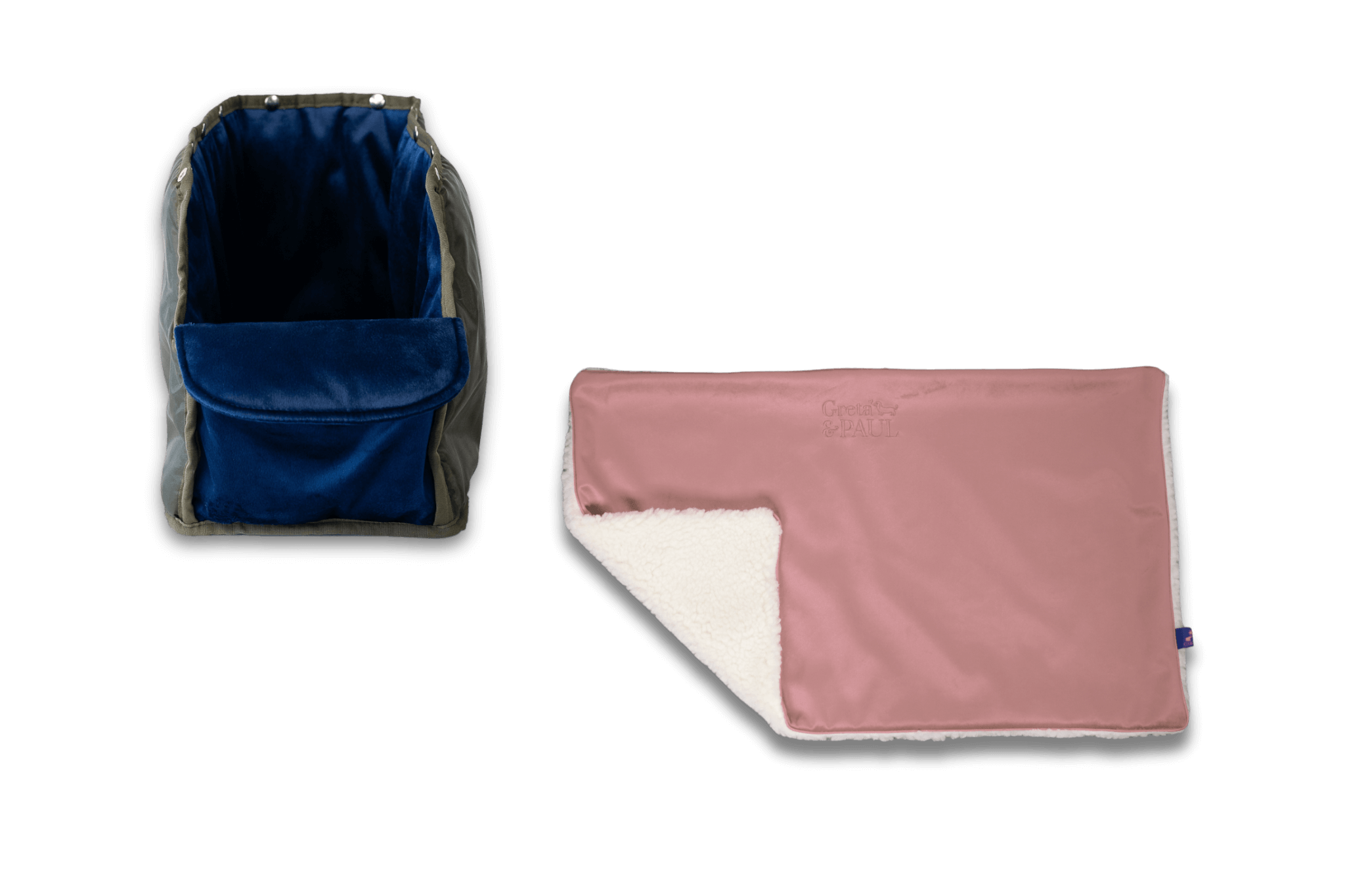 Handgefertigte Greta & PAUL rosafarbene Samt-Flausch Hundedecke mit königsblauem Samt-Inlay