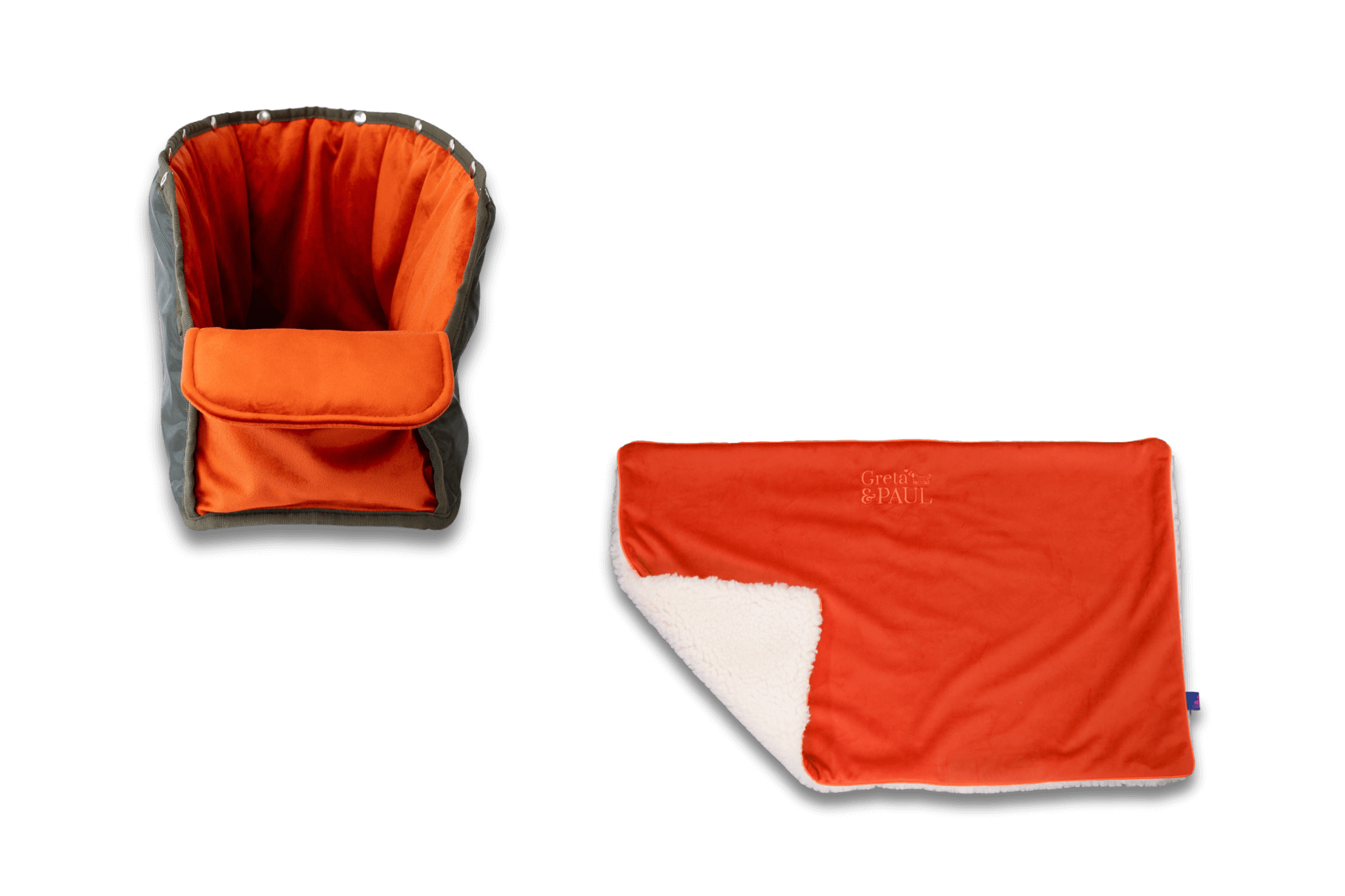 Handgefertigte Greta & PAUL orangefarbene Samt-Flausch Hundedecke mit orangefarbenem Samt-Inlay