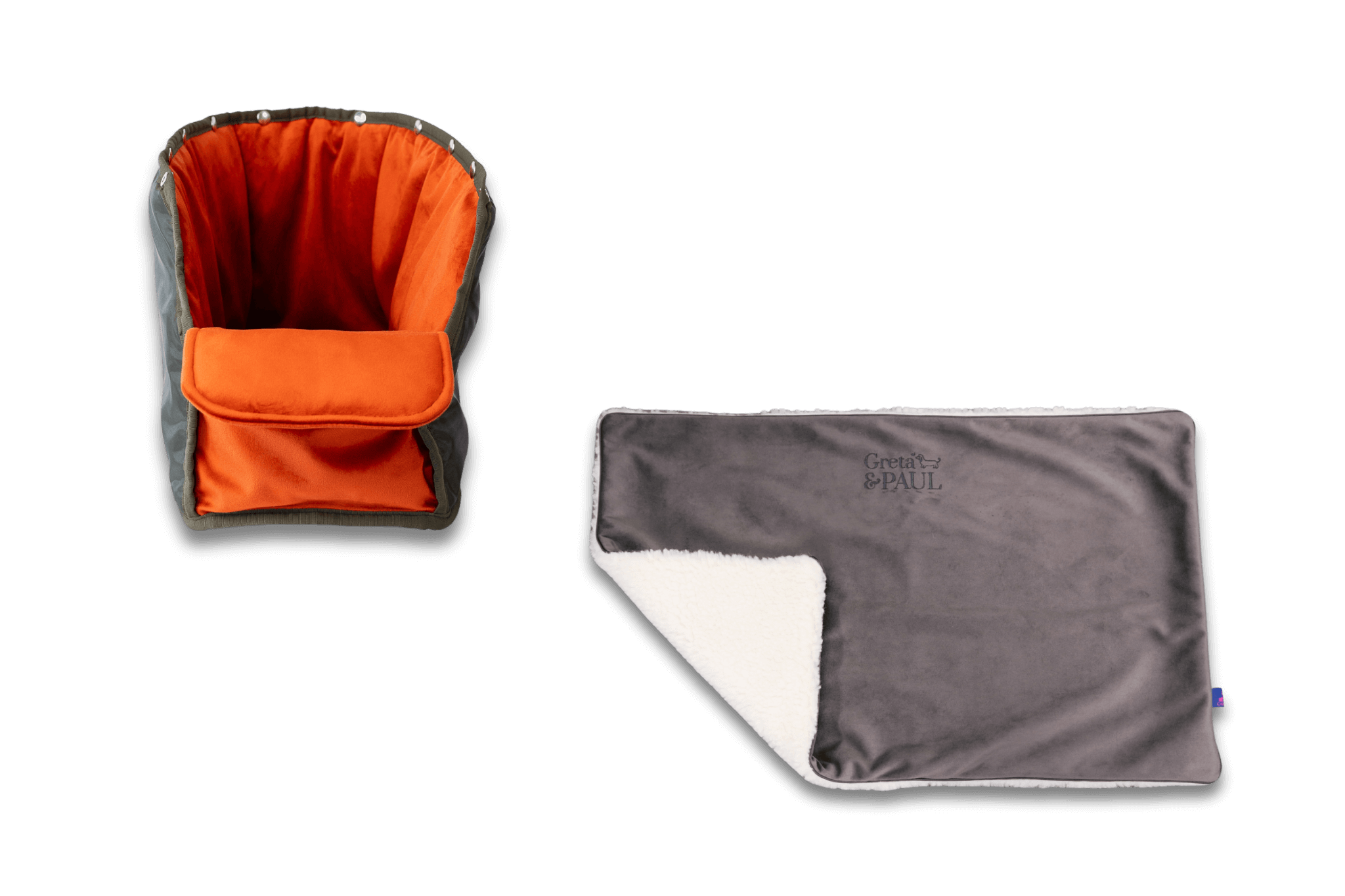 Handgefertigte Greta & PAUL anthrazitfarbene Samt-Flausch Hundedecke mit orangefarbenem Samt-Inlay
