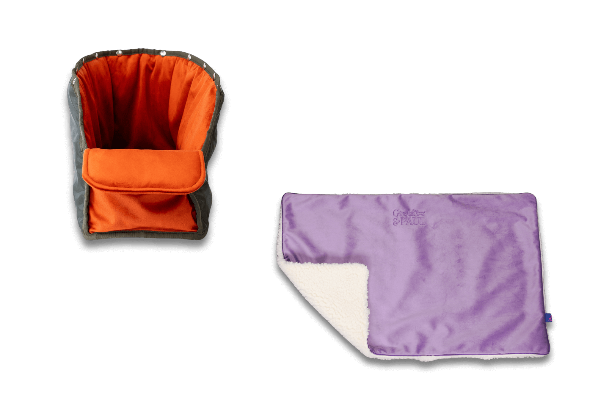 Handgefertigte Greta & PAUL fliederfarbene Samt-Flausch Hundedecke mit orangefarbenem Samt-Inlay