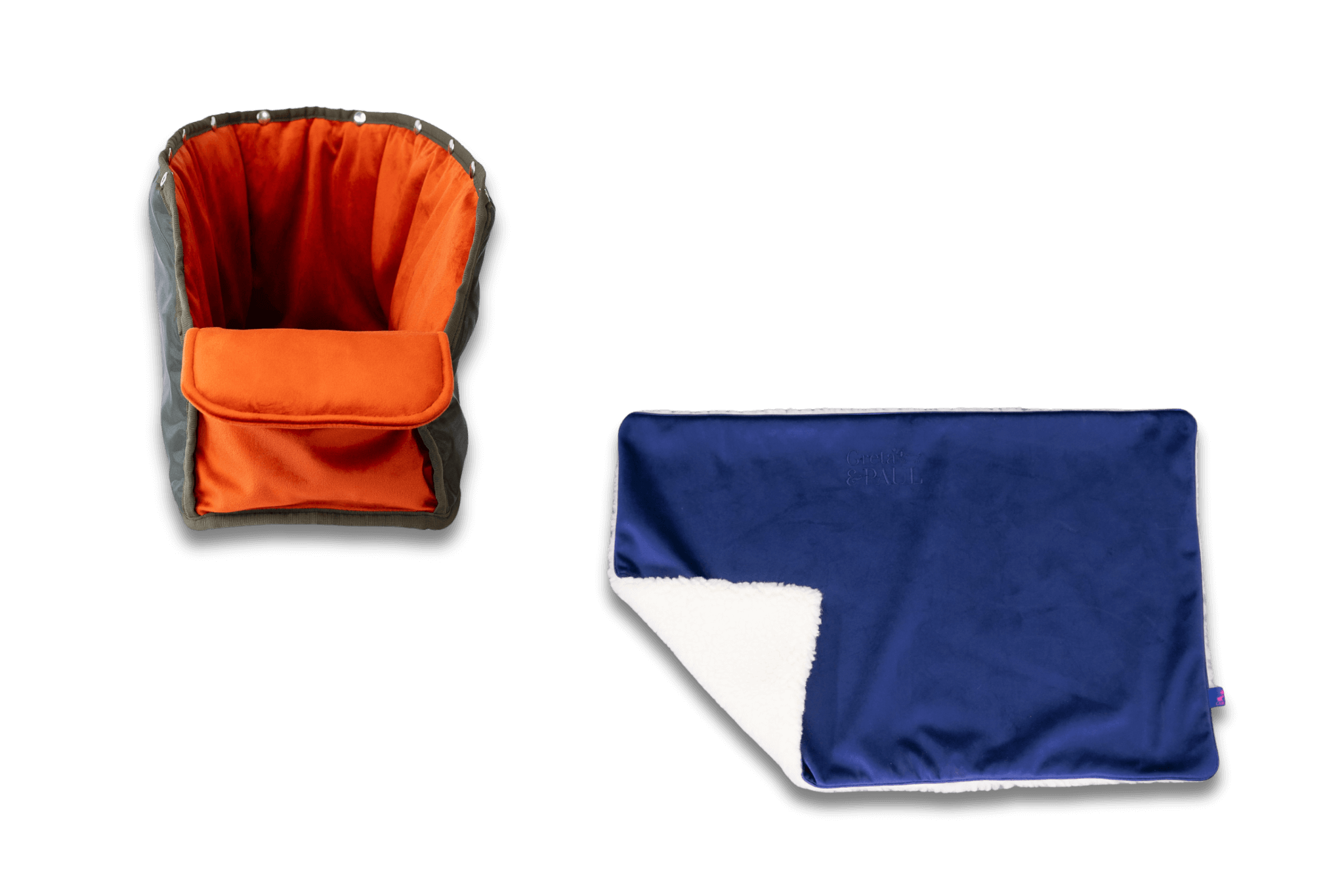 Handgefertigte Greta & PAUL königsblaue Samt-Flausch Hundedecke mit orangefarbenem Samt-Inlay