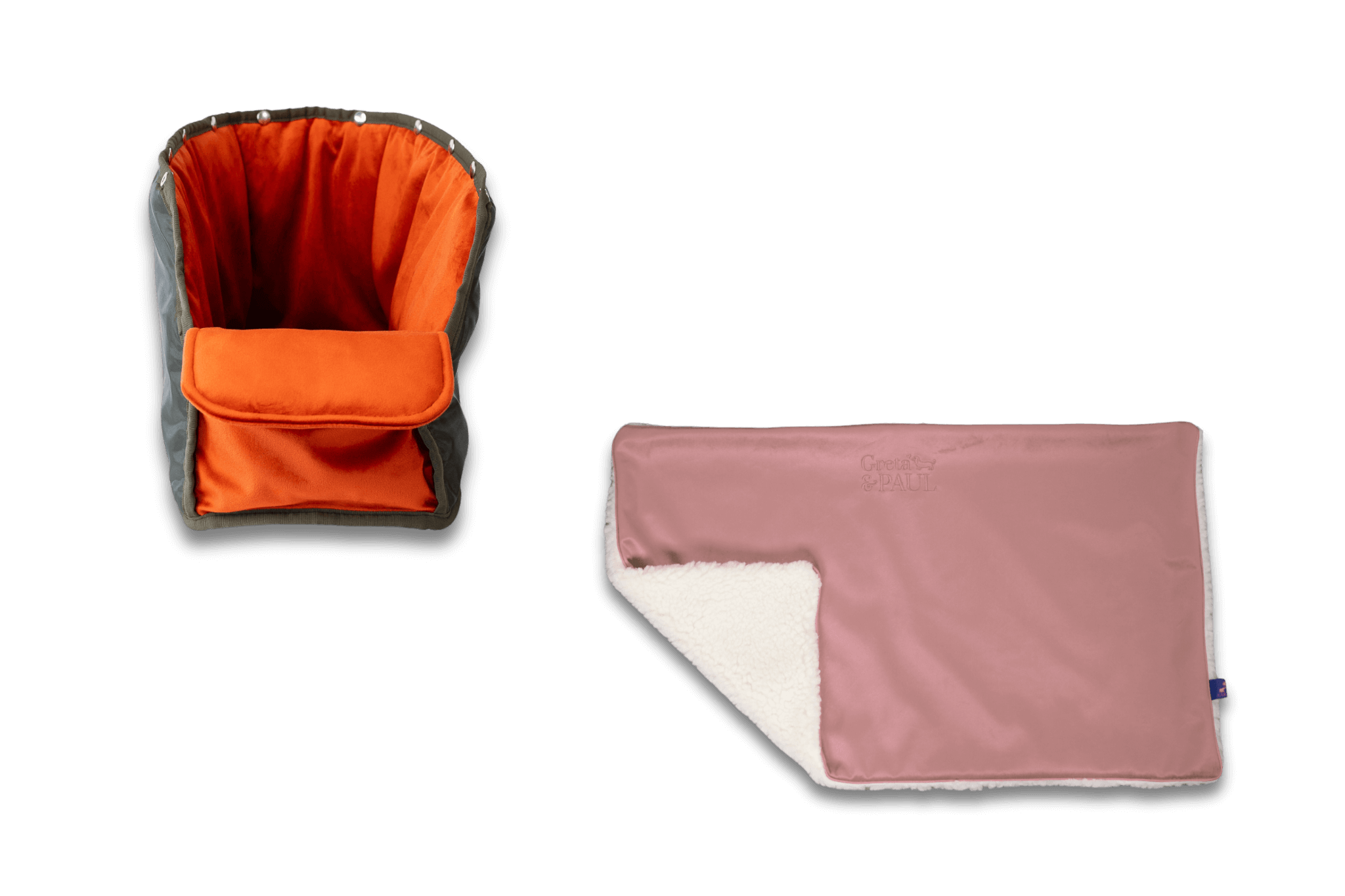 Handgefertigte Greta & PAUL rosafarbene Samt-Flausch Hundedecke mit orangefarbenem Samt-Inlay