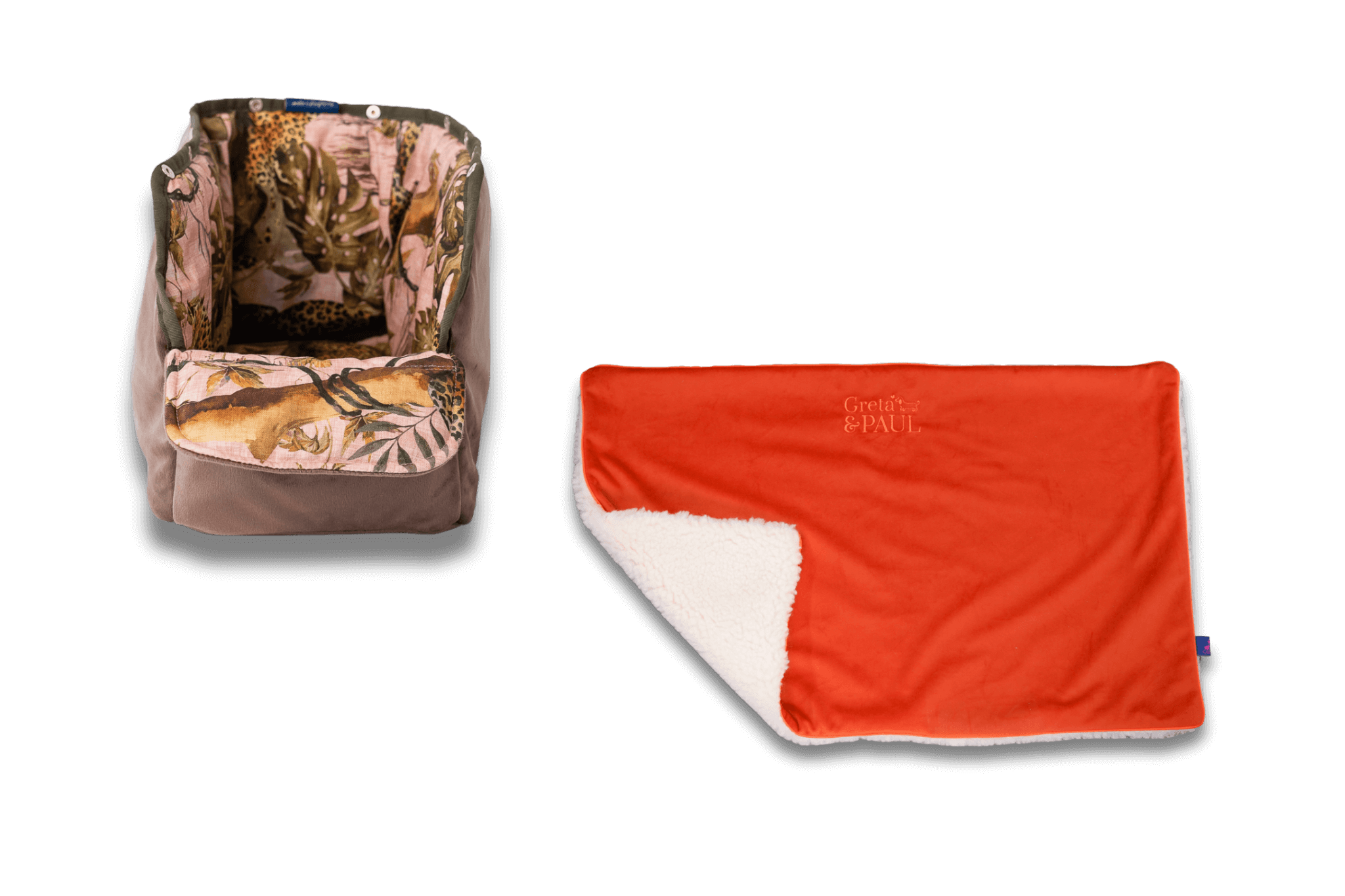 Handgefertigte Greta & PAUL orangefarbene Samt-Flausch Hundedecke mit Pink-Leo-farbenem Samt-Inlay