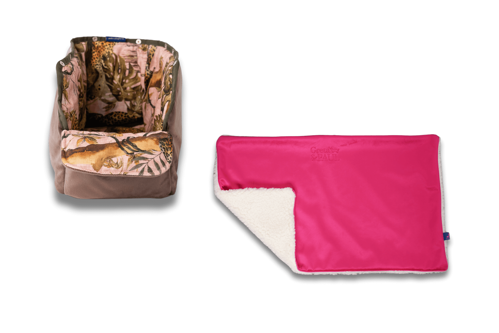 Handgefertigte Greta & PAUL pinke Samt-Flausch Hundedecke mit Pink-Leo-farbenem Samt-Inlay