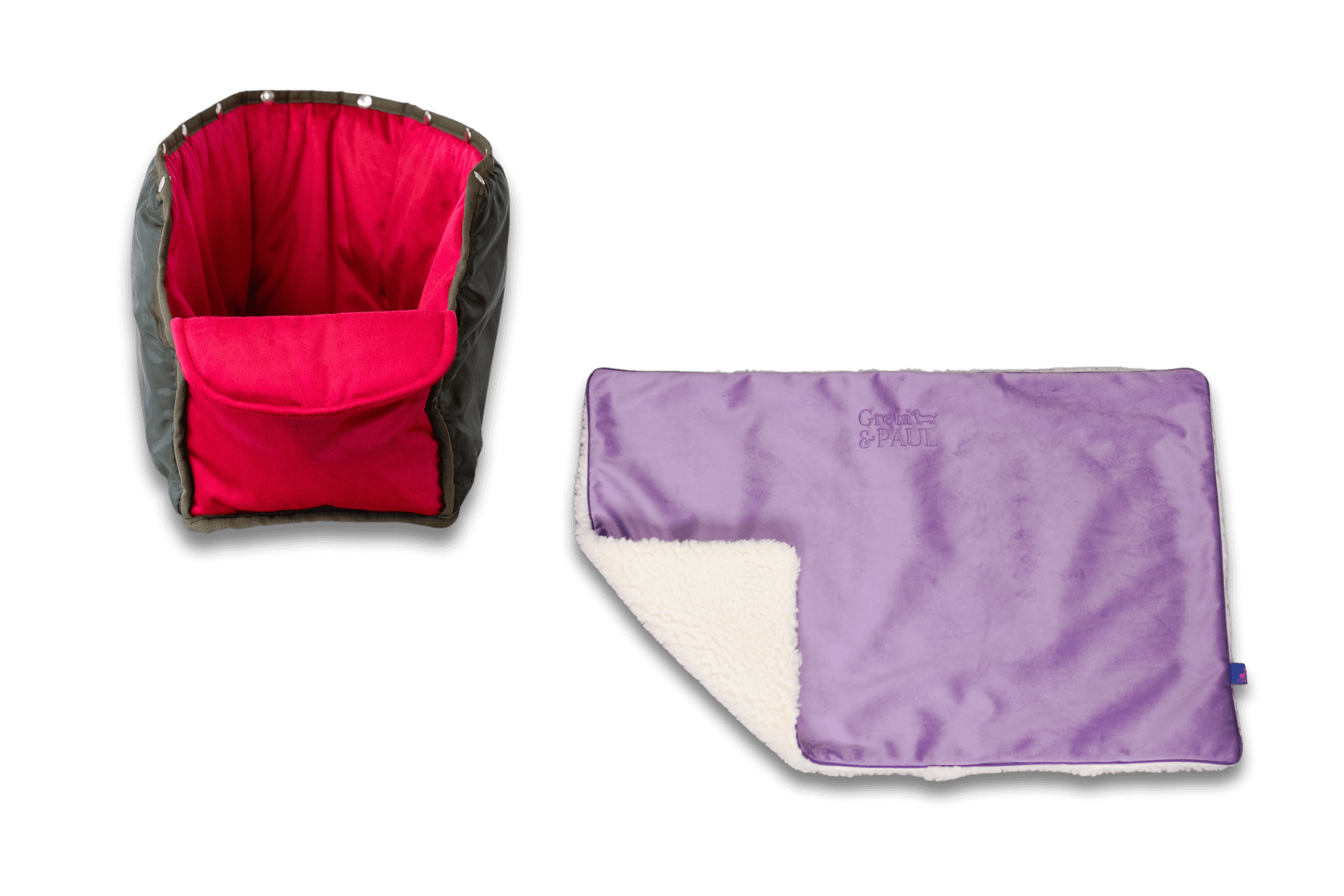 Handgefertigte Greta & PAUL fliederfarbene Samt-Flausch Hundedecke mit pinkem Samt-Inlay