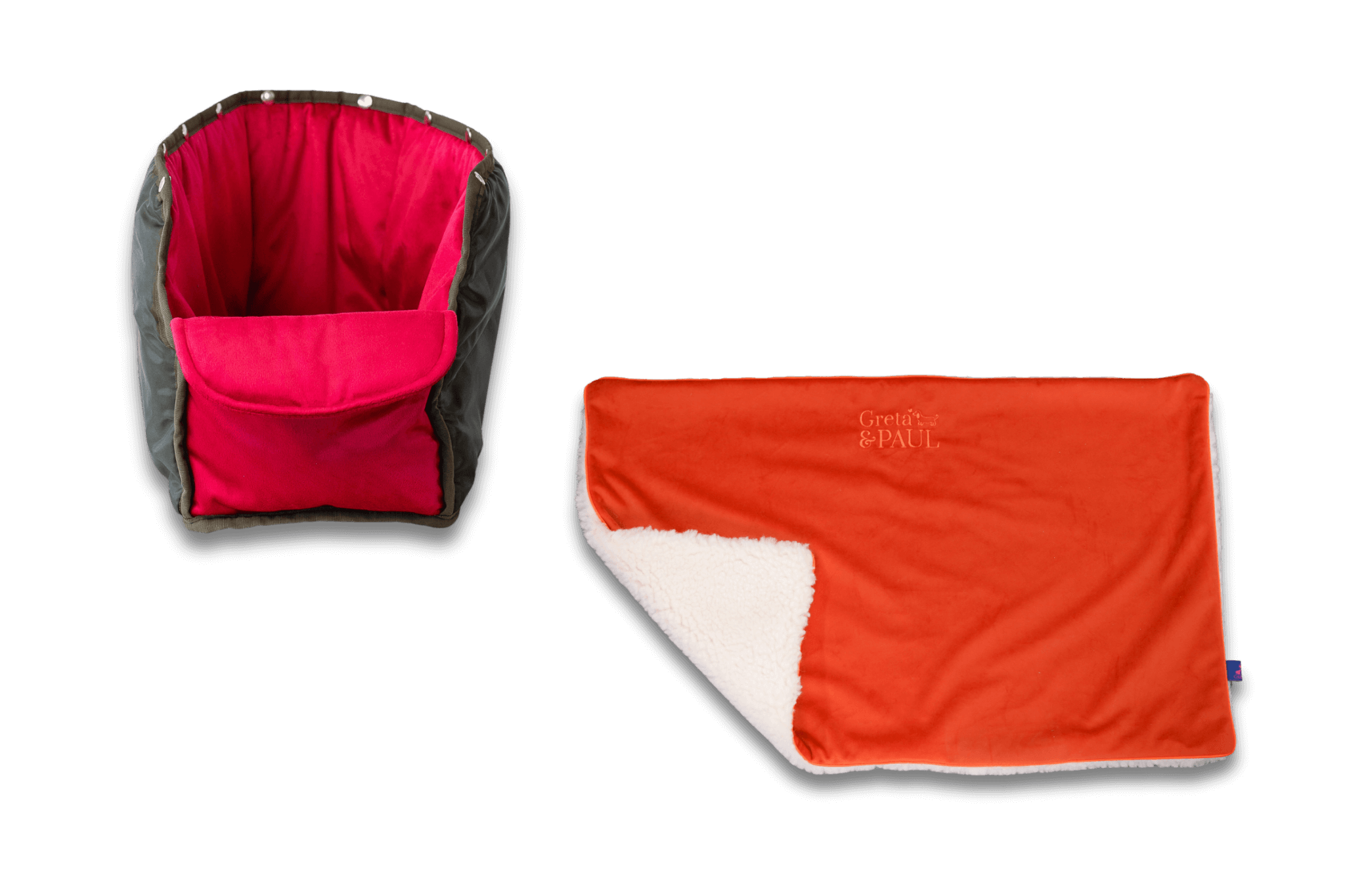 Handgefertigte Greta & PAUL orangefarbene Samt-Flausch Hundedecke mit pinkem Samt-Inlay