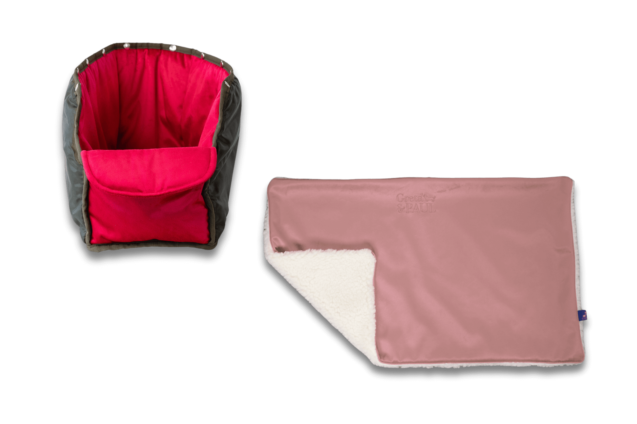 Handgefertigte Greta & PAUL rosafarbene Samt-Flausch Hundedecke mit pinkem Samt-Inlay