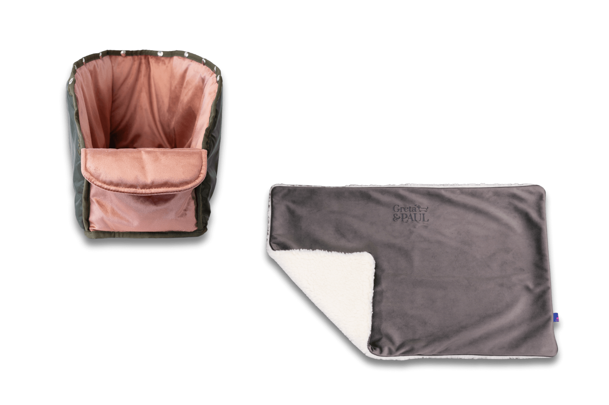 Handgefertigte Greta & PAUL anthrazitfarbene Samt-Flausch Hundedecke mit rosafarbenem Samt-Inlay