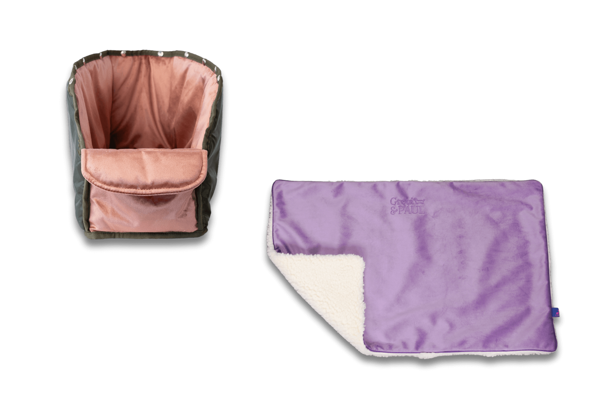 Handgefertigte Greta & PAUL fliederfarbene Samt-Flausch Hundedecke mit rosafarbenem Samt-Inlay