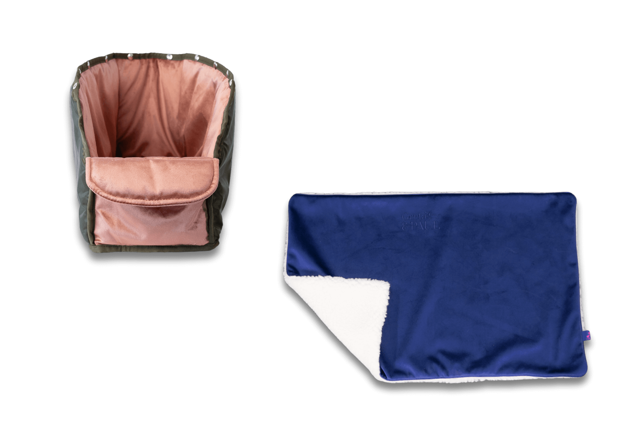 Handgefertigte Greta & PAUL königsblaue Samt-Flausch Hundedecke mit rosafarbenem Samt-Inlay