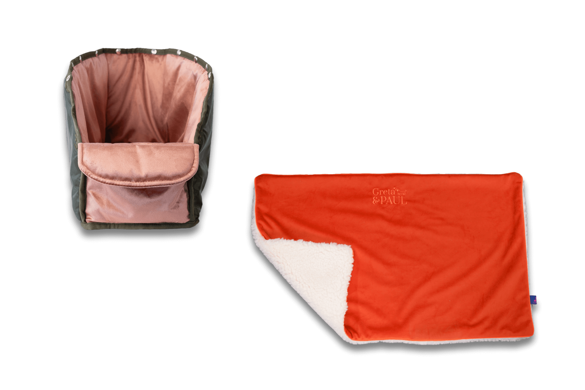 Handgefertigte Greta & PAUL orangefarbene Samt-Flausch Hundedecke mit rosafarbenem Samt-Inlay