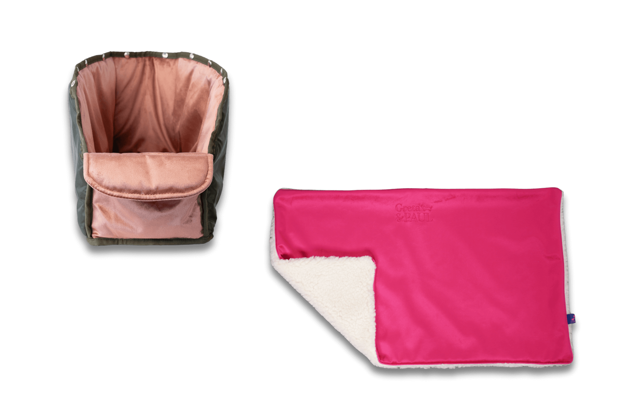 Handgefertigte Greta & PAUL pinke Samt-Flausch Hundedecke mit rosafarbenem Samt-Inlay
