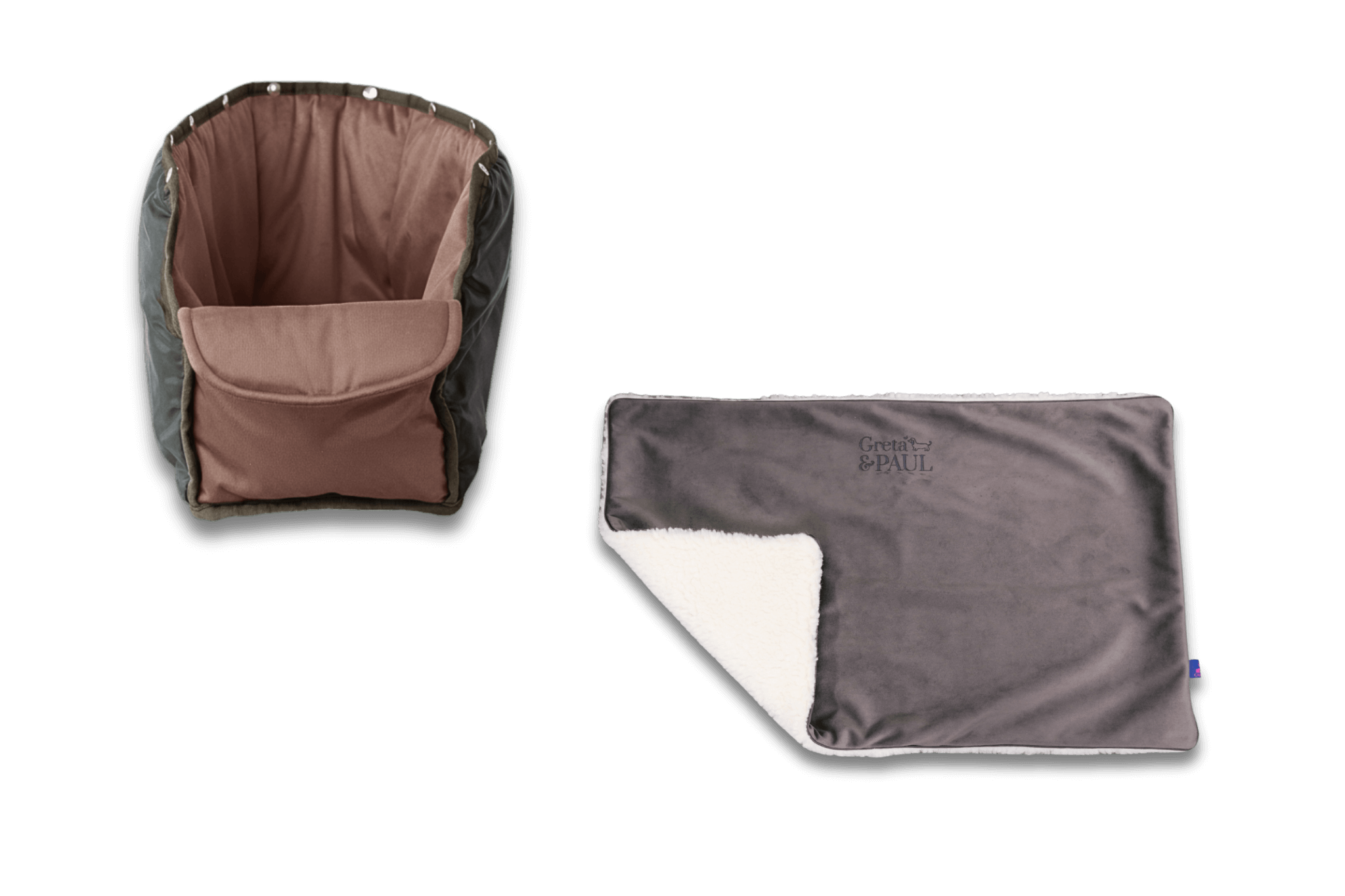 Handgefertigte anthrazitfarbene Samt-Flausch Hundedecke mit taupefarbenem Samt-Inlay von Greta und PAUL