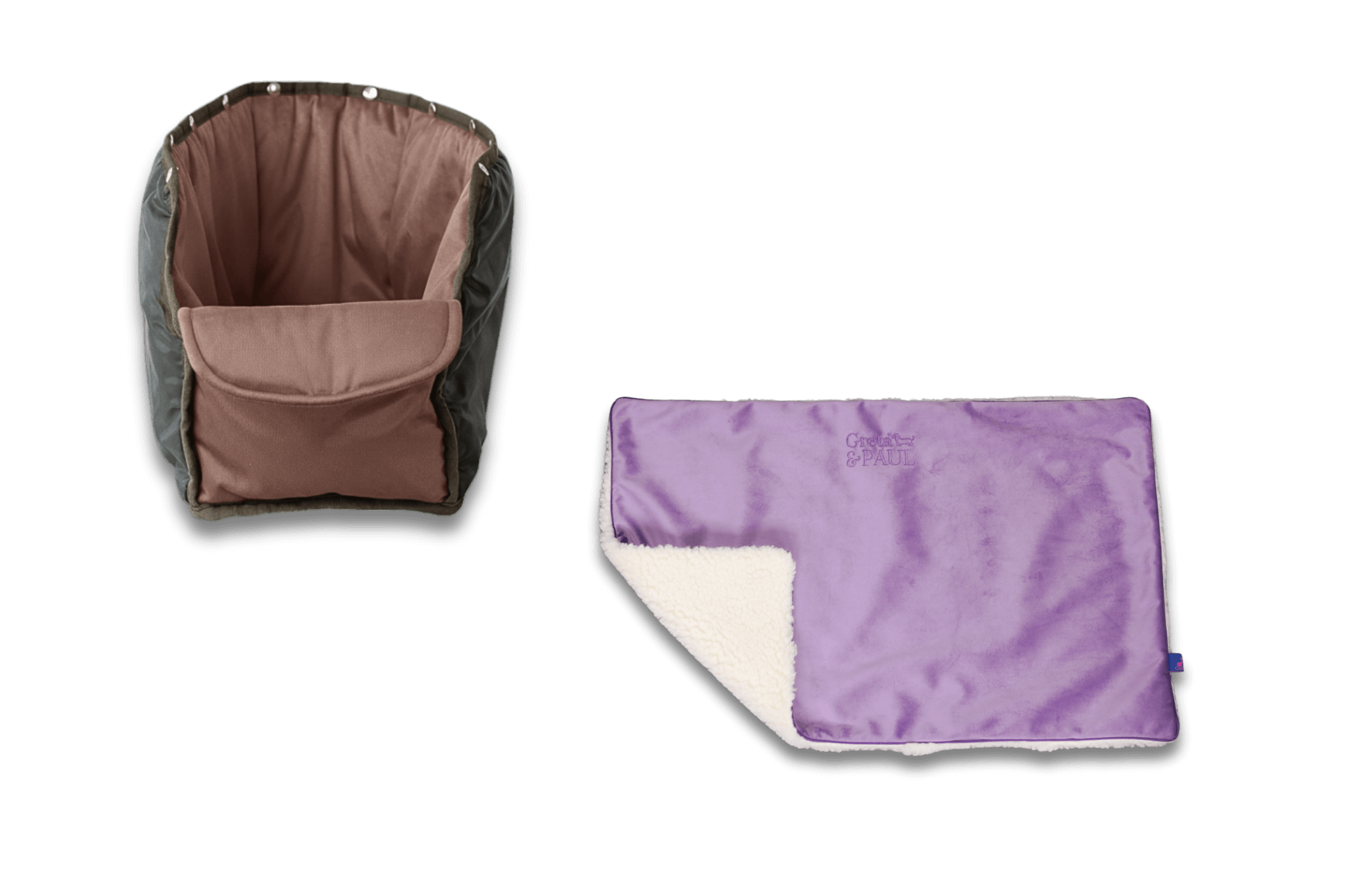 Handgefertigte fliederfarbene Samt-Flausch Hundedecke mit taupefarbenem Samt-Inlay von Greta und PAUL